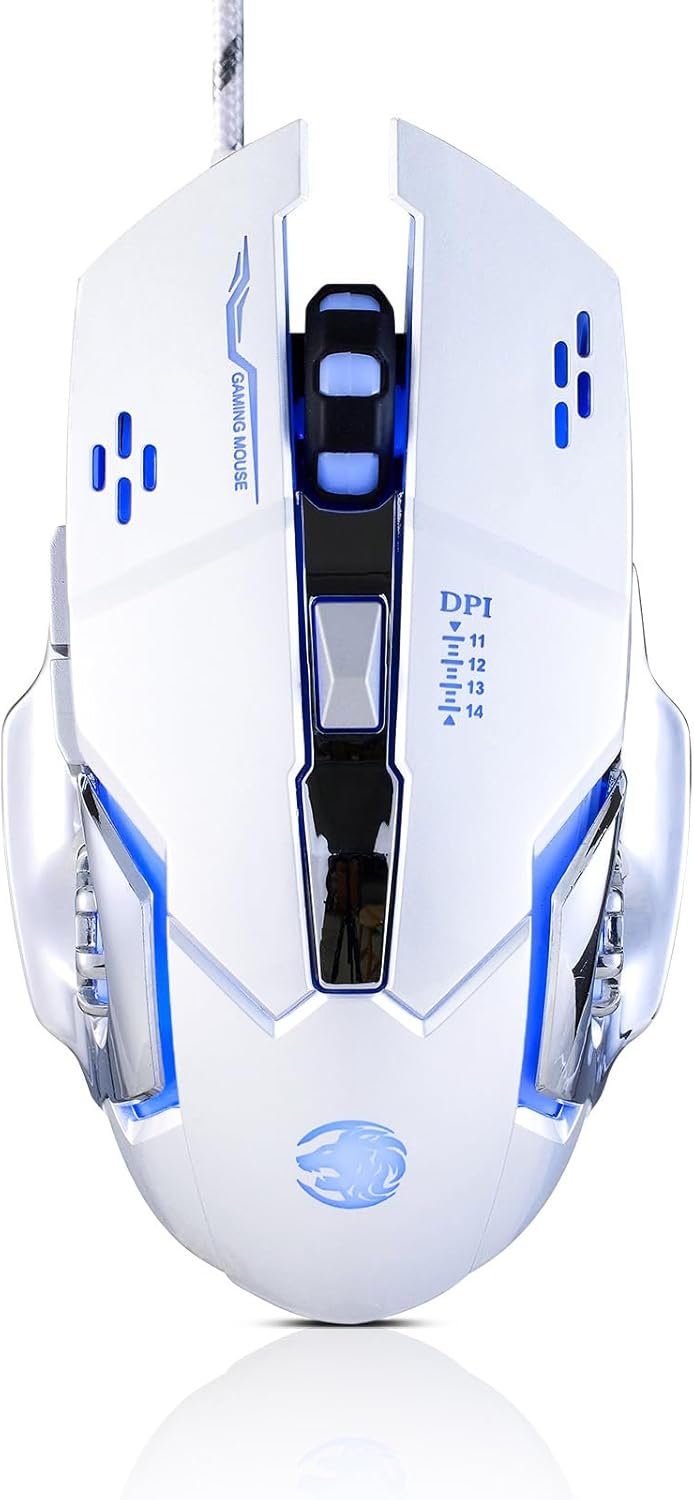 Guiheng Wired Gaming Mouse, Optical USB Mice for Laptop/Desktop, 1200 to 3600 and RGB Light, Ergonomic with 6 Programmable Buttons for Computer Windows 7/8/10/XP Vista Linux Chromebook PC (White)