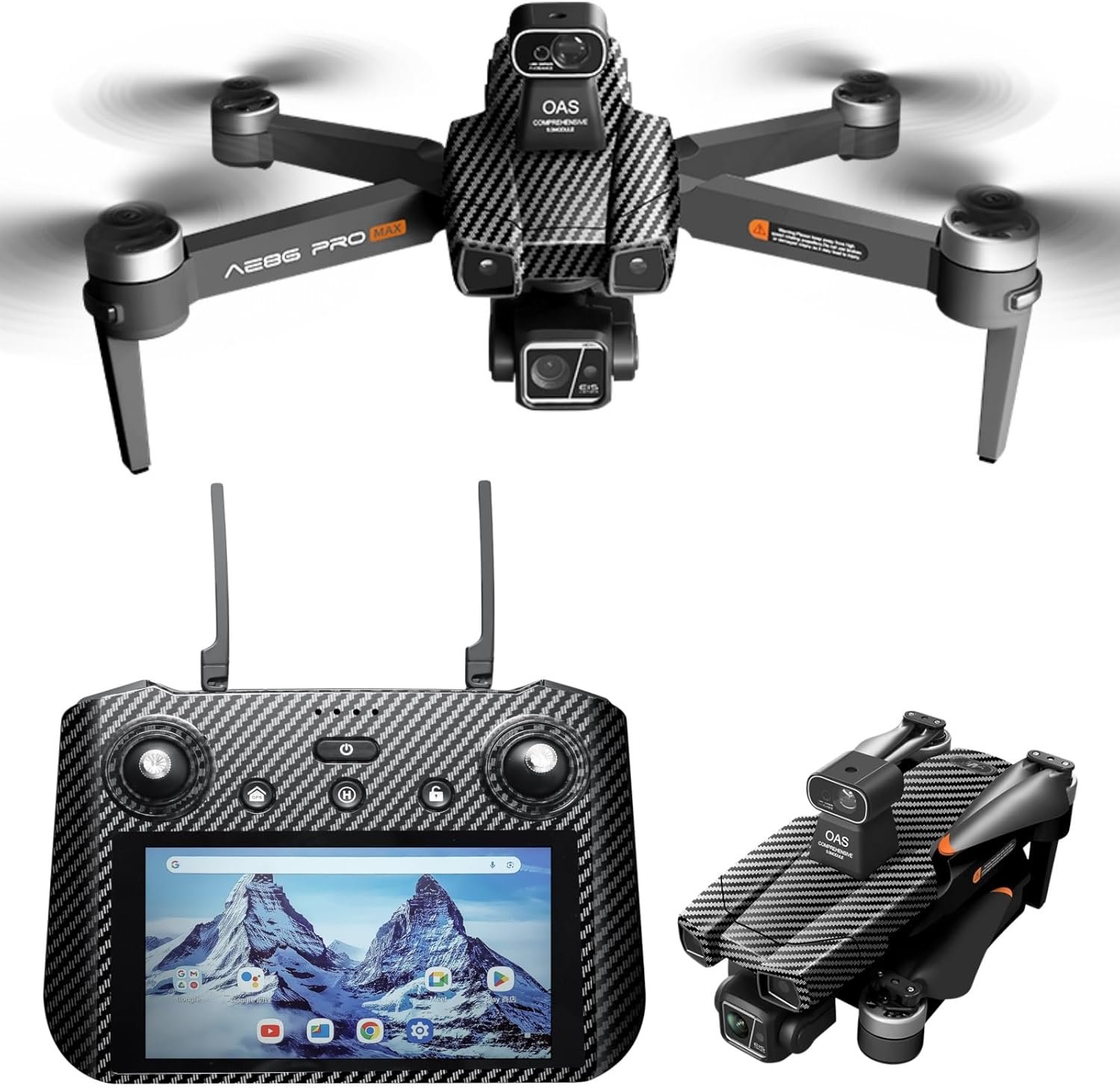 AE86ProMax+Drones with Camera for Adults 4K Video,Touch Screen Tablet Remote and 3-Axis Mechanical Gimbal, 5G Digital Transmission, 360° Laser Obstacle Avoidance, GPS Auto Return,Three 8000mAh 45 Mins Long Endurance, 500g Payload, Smart Follow Waypoint Flight Foldable Quadcopter, Up to 5 Miles Range (Carbon Fiber) 3 Batteries + 64GB TF Card Bundle)