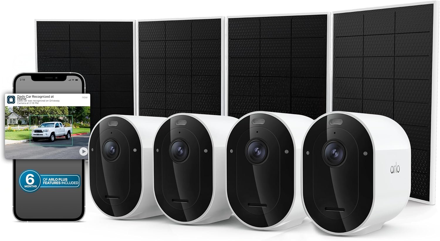 Arlo Pro Security Camera 2K HDR (6th Gen, 2025 Release) 4 Cam + 4 Solar Panels + 6 Months of Secure Plus Plan – Wireless Outdoor Camera, Battery Power, Person, Vehicle & Animal Detection, White