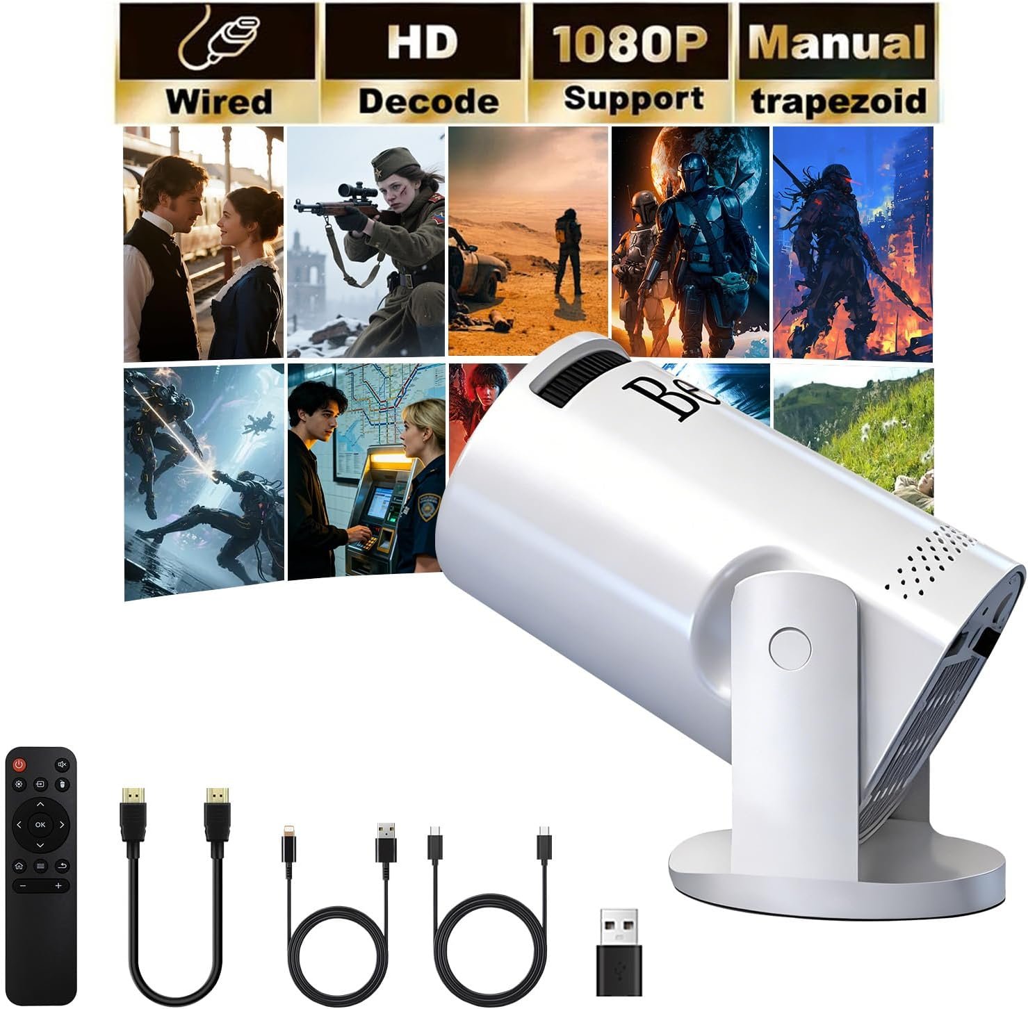 Mini projector, with wired screen sync 4K 1080P portable projector 180° rotation. 17-130″ screen video projector. Compatible with smartphones, laptops.