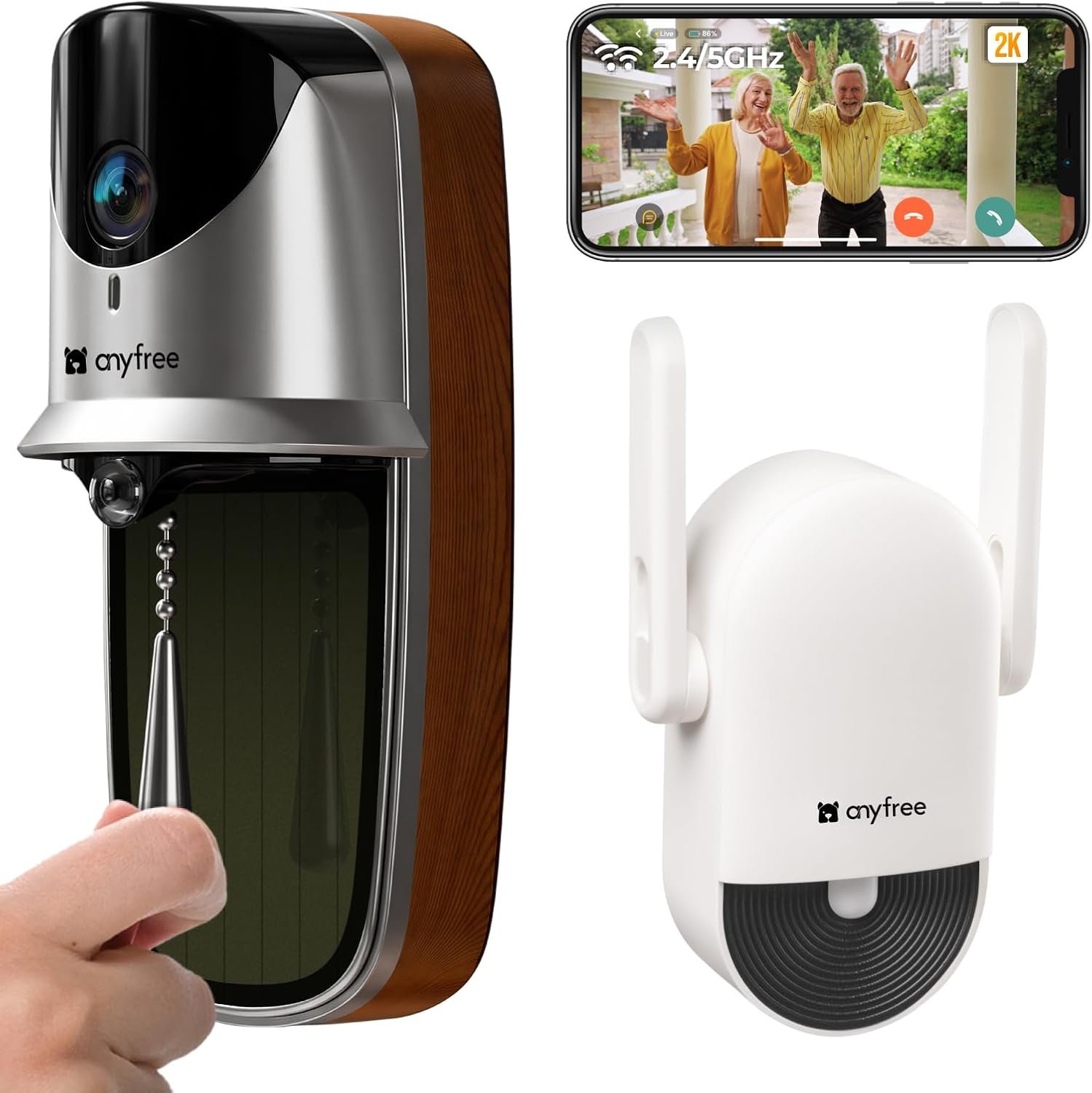 anyfree 2026 Newly Solar Video Doorbell Camera Wireless with Chime Pro (2nd), 2K Wide-Angle, AI Human Detection, 2.4GHz 5GHz WiFi, 2-Way Talk, No Monthly Fee Local/Cloud Storage, Works with Alexa