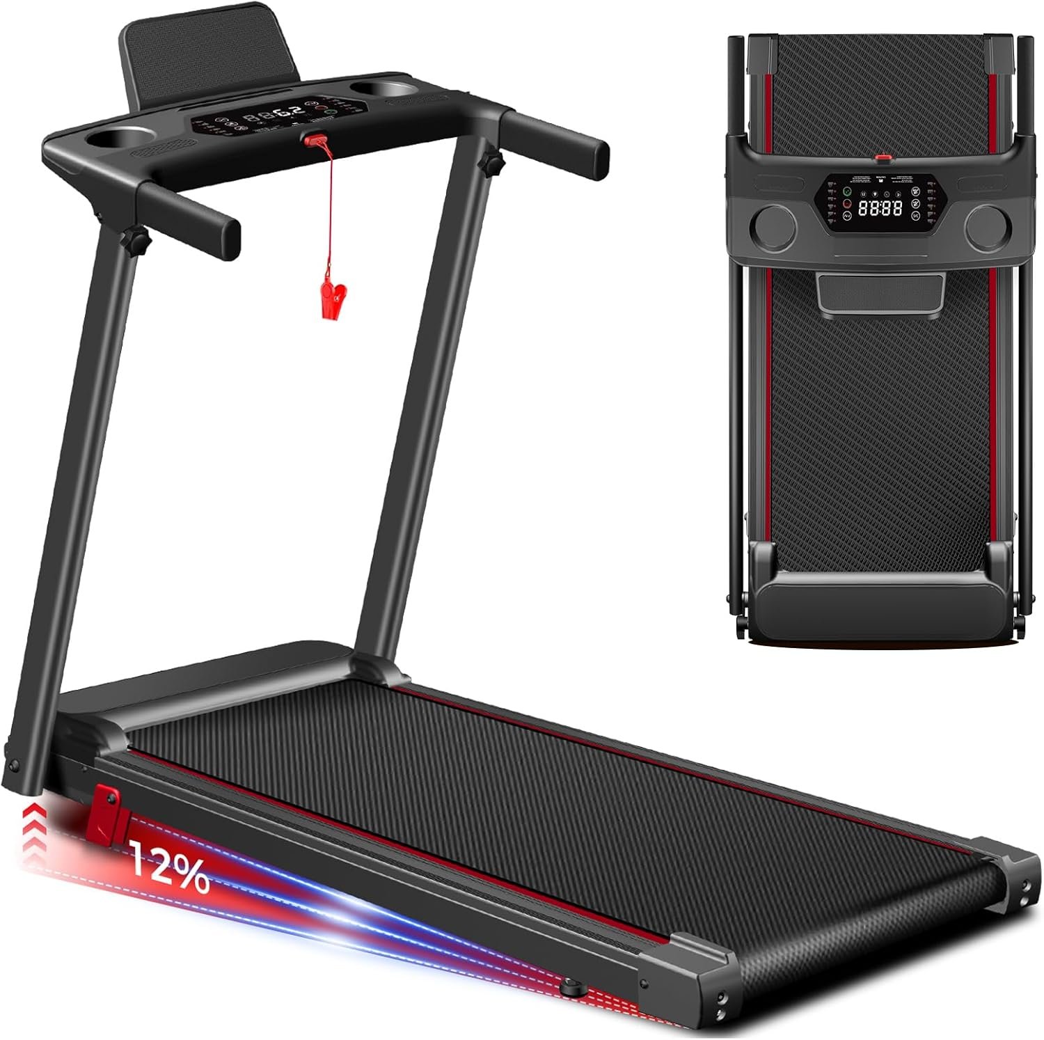 Treadmill with Incline 3-in-1 Portable Treadmills for Home Small, Incline Walking Pad Treadmill with Handle Bar, Walking Pad Foldable with 3.0HP Quiet Brushless, LED Dispay, 300LBS Capacity Black