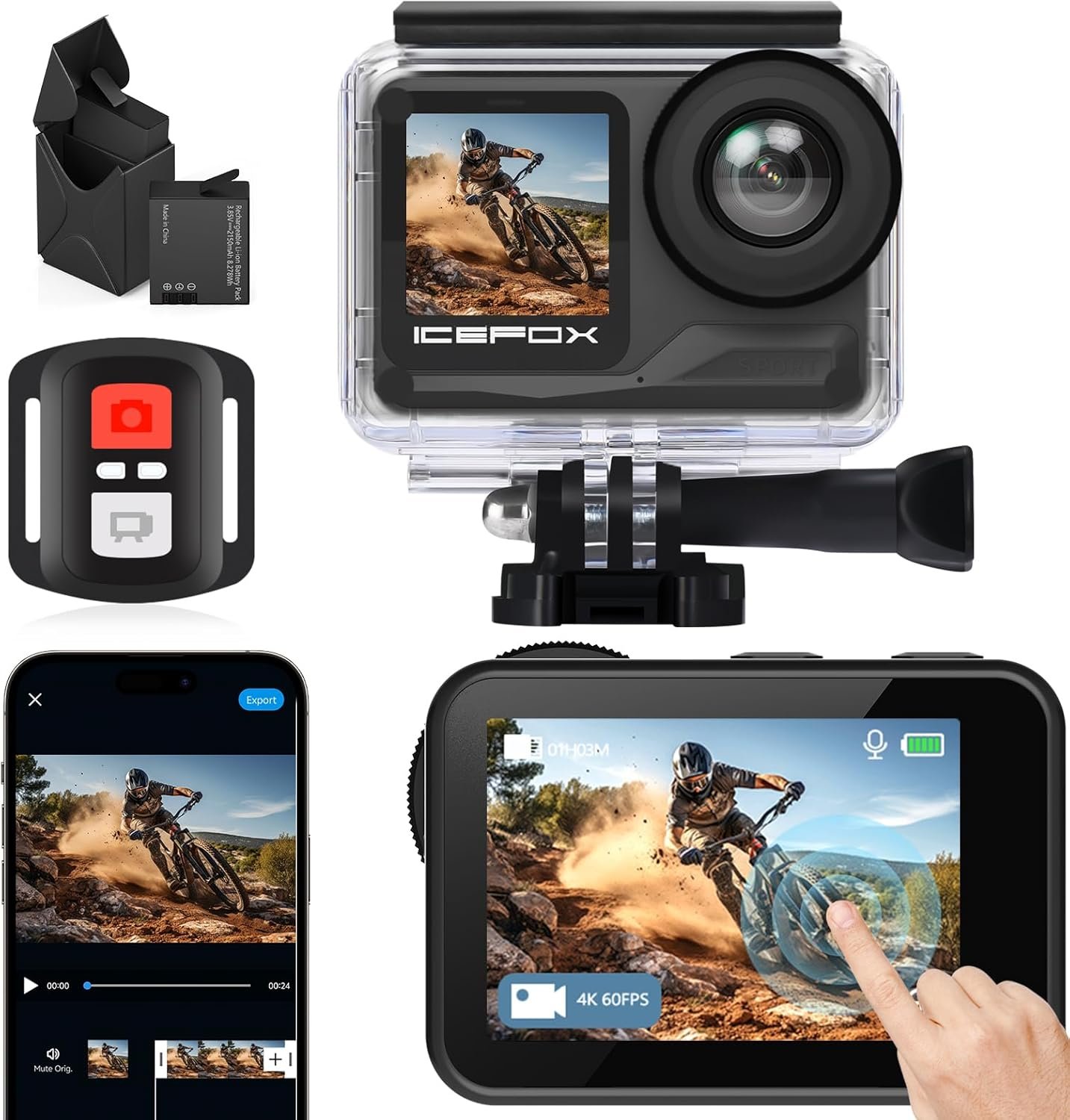 icefox Action Camera 4K 60FPS 30MP with 2X 2150mAh Batteries, Underwater Camera with 5X Zoom, EIS, Powered by Snappro App,Support Video&Photo Editing,Waterproof, WiFi Remote Control