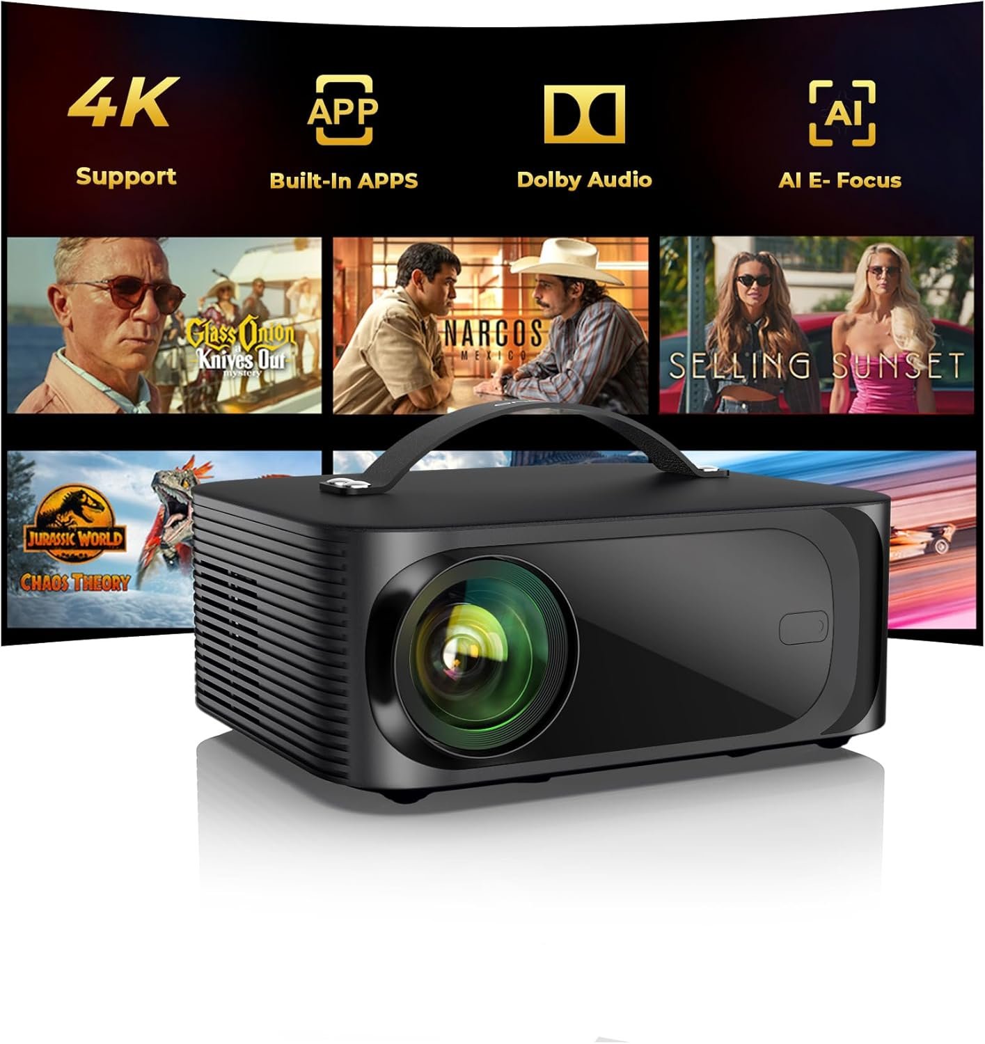 Outdoor-Projector-4K with WiFi and Bluetooth: [3000 Brightness/50W DoIby/Built-in APPs] Portable-Projector Smart OS 2.0&AI Auto Focus, ONOAYO Movie Proyector Compatible with Netflix/YouTube/PrimeVideo