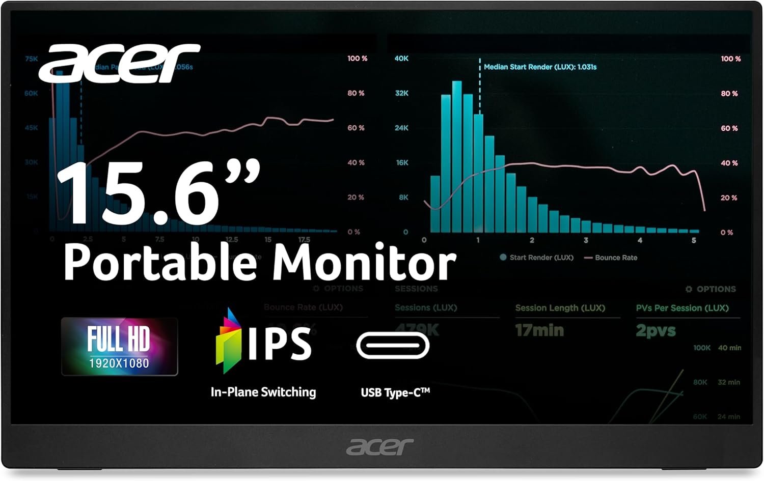 Acer Portable Monitor | 15.6″ FHD IPS | Adaptive-Sync Support (FreeSync Compatible) | Slim Design | External Monitor for Laptop PC/Mac | 2 x USB 3.1 Type-C Port, HDMI 1.4 & Audio Out | PM161Q B1bmiuux
