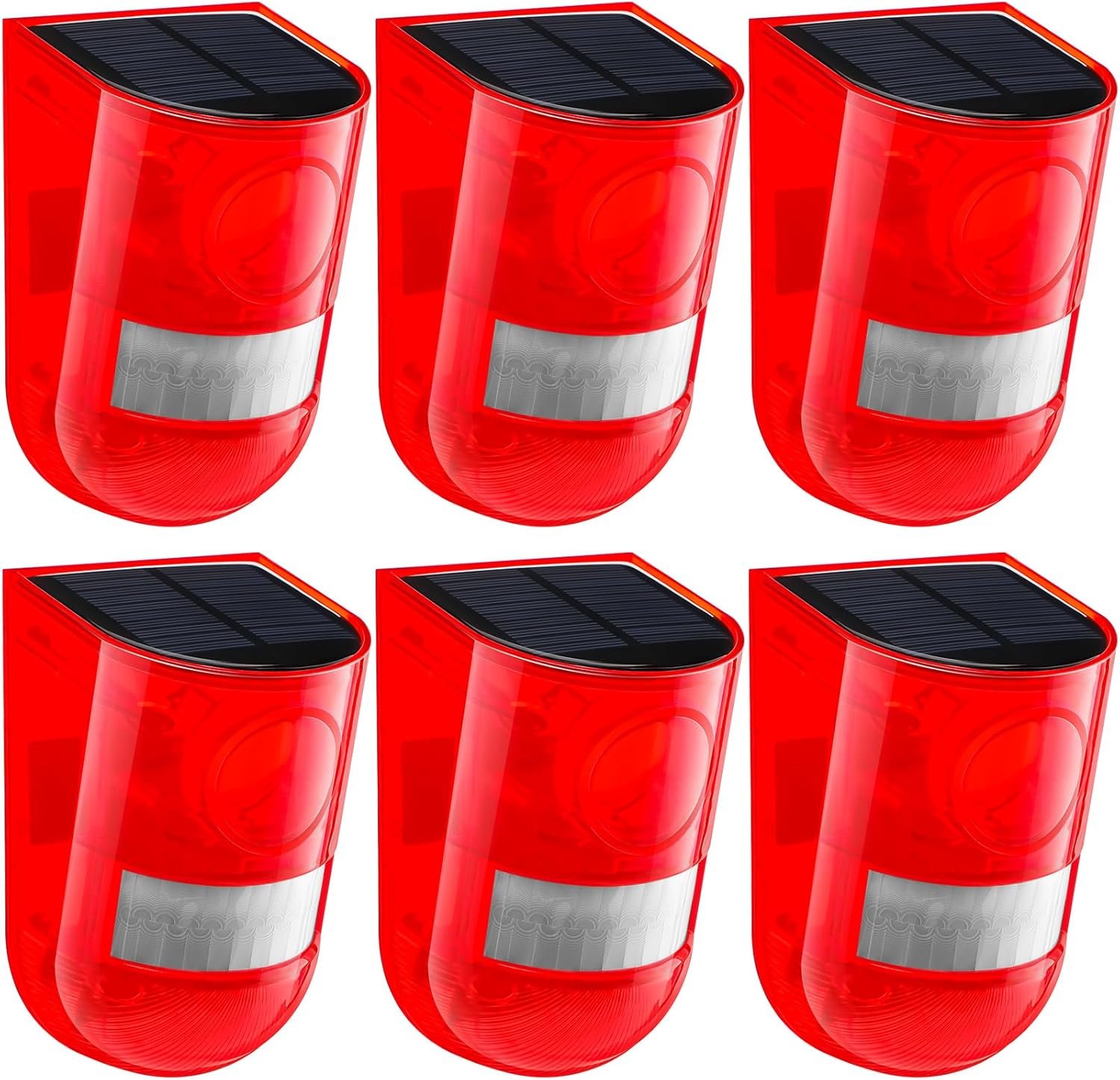Qualirey Solar Sound and Light Alarm Motion Sensor 129db Outdoor Security Siren Waterproof Activated Detector Driveway Alarm 6 LEDs Flash Warning Deterrent Strobe System for Home, Farm(Red,6 Pack)