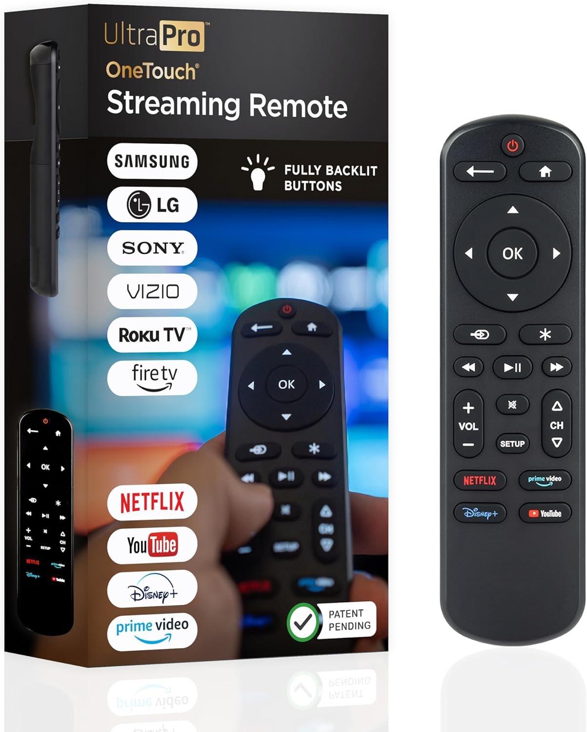 UltraPro OneTouch Backlit Remote Control for Smart TV, Samsung, LG, Sony, Vizio, Roku, Fire TV, Replacement, Black, 83758