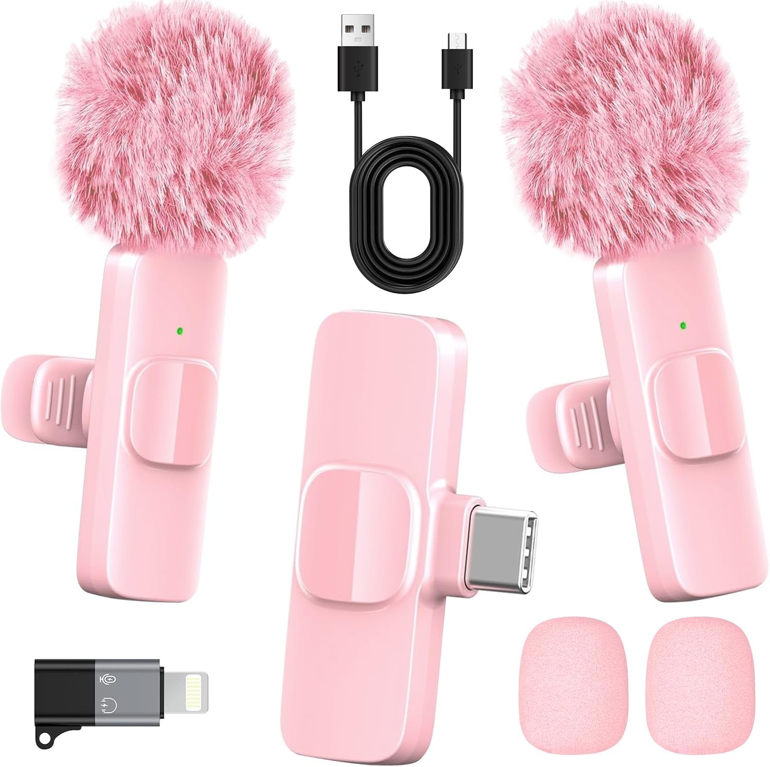Pink Wireless Lavalier Microphone for iPhone & Android – Mini Clip-On Mic with Noise Cancellation, 65ft Range, 8H Battery, USB-C/Lightning – for TikTok, YouTube, Podcast, Live Streaming