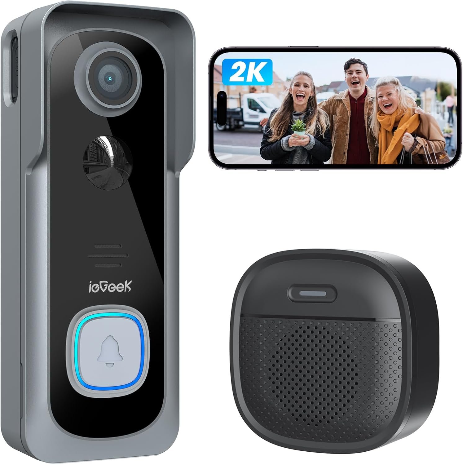 ieGeek Doorbell Camera Wireless No Subscription, 2K Full HD View, Wireless Video Doorbell with Chime, Voice Changer, 2-Way Talk, PIR Motion Detection, Only Support 2.4Ghz WiFi, Works with Alexa, Grey