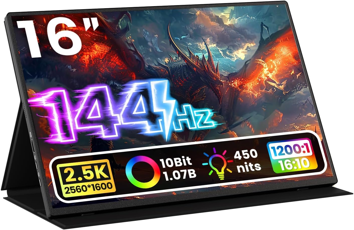Upperizon Portable Monitor 16 inch 2K QHD 2560×1600 106% sRGB, 144Hz USB-C, 120Hz HDMI, HDR Travel Monitor for Laptop Mac PC Surface PS5 Xbox, External Display with Cover & Speakers, VESA Compatible