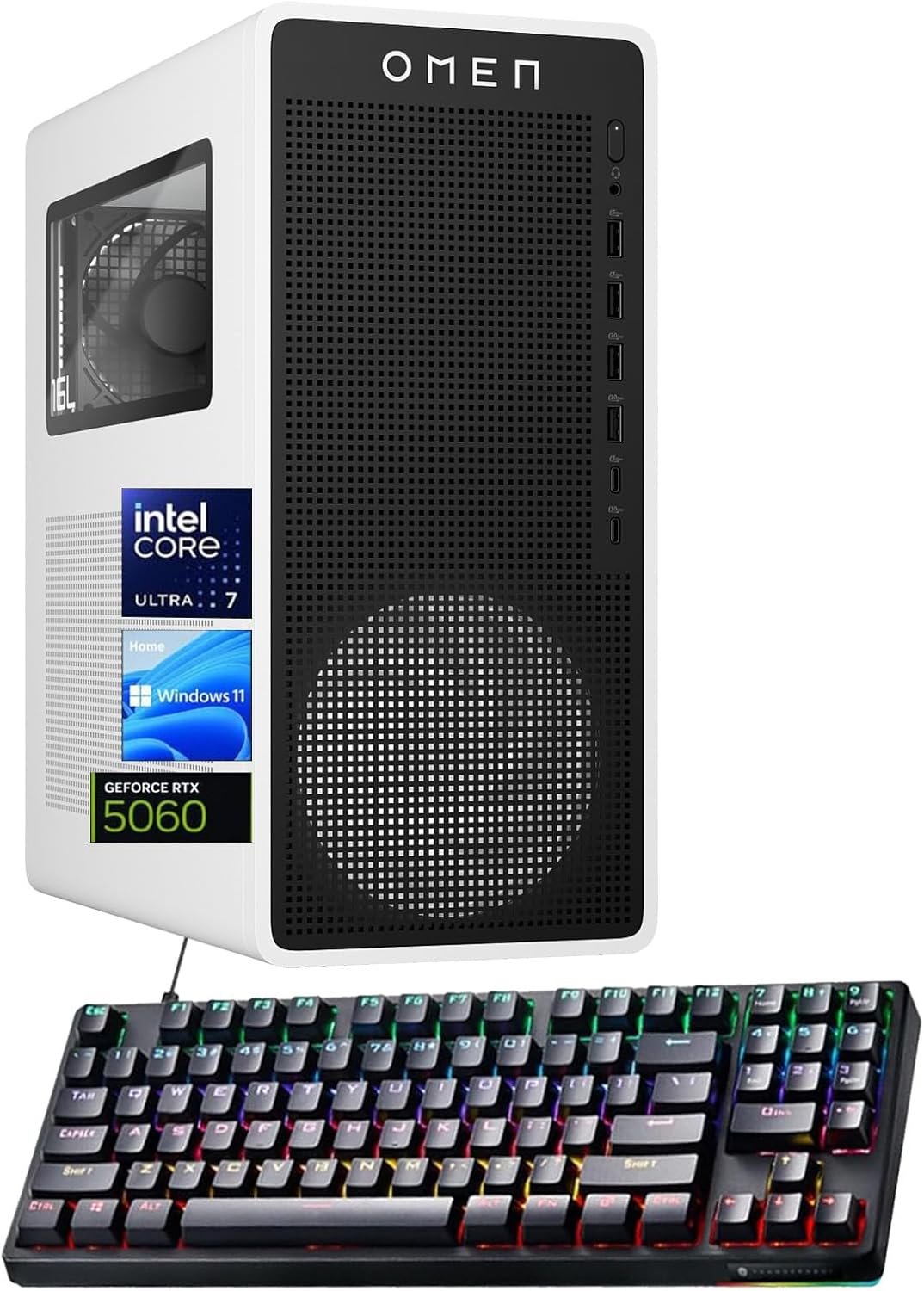 HP Omen 16L 5060 Gaming Desktop PC, Intel Ultra 7 265F, Geforce RTX 5060, 32GB DDR5 RAM, 1TB SSD, OMEN Hub, Support 3-Monitor 4K, HDMI, Thunderobot Keyboard Bundle, Windows 11 Home, White