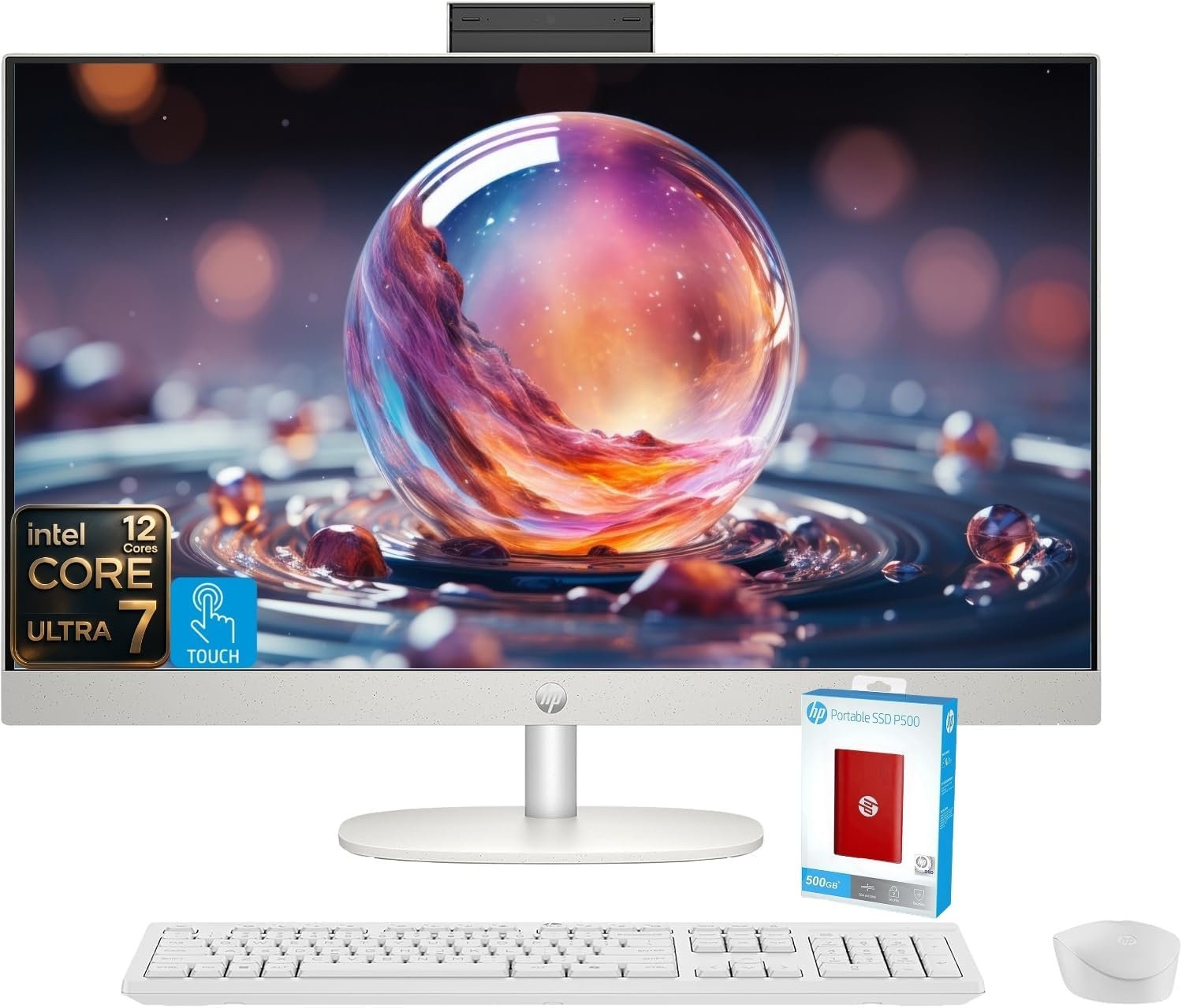 HP 27″ FHD Touchscreen All-in-One Desktop, Intel Core Ultra 7 255U (Up to 5.2GHz), 32GB DDR5 RAM, 1TB Storage (512GB PCIe+500GB External Drive), Wi-Fi 6, USB-C, Wireless KB & Mouse, Windows 11