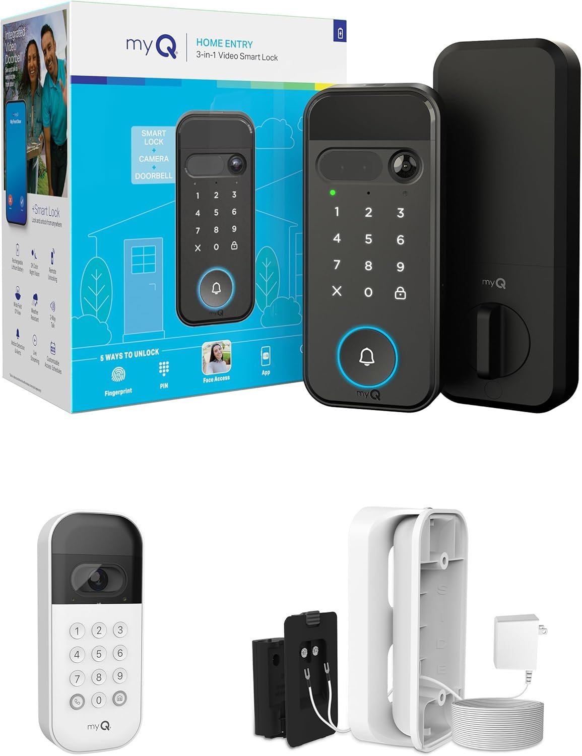 myQ Secure View™ 3-in-1 Smart Lock Deadbolt + Garage Door Video Keypad + Power Adapter Kit with Custom PIN Codes, Keyless Entry, 2K HDR Doorbell Camera, App Control, Color Night Vision & Two-Way Audio