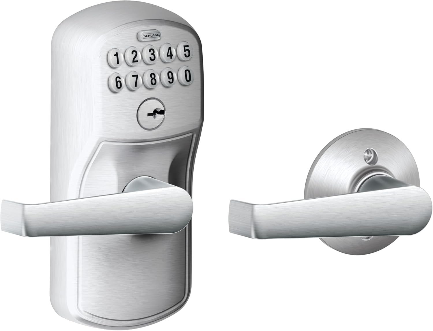 Schlage Plymouth Keypad Lock with Lever Handle, Electronic Keyless Door Entry, Auto‑Lock Enabled, Satin Chrome, FE575 PLY 626 ELA