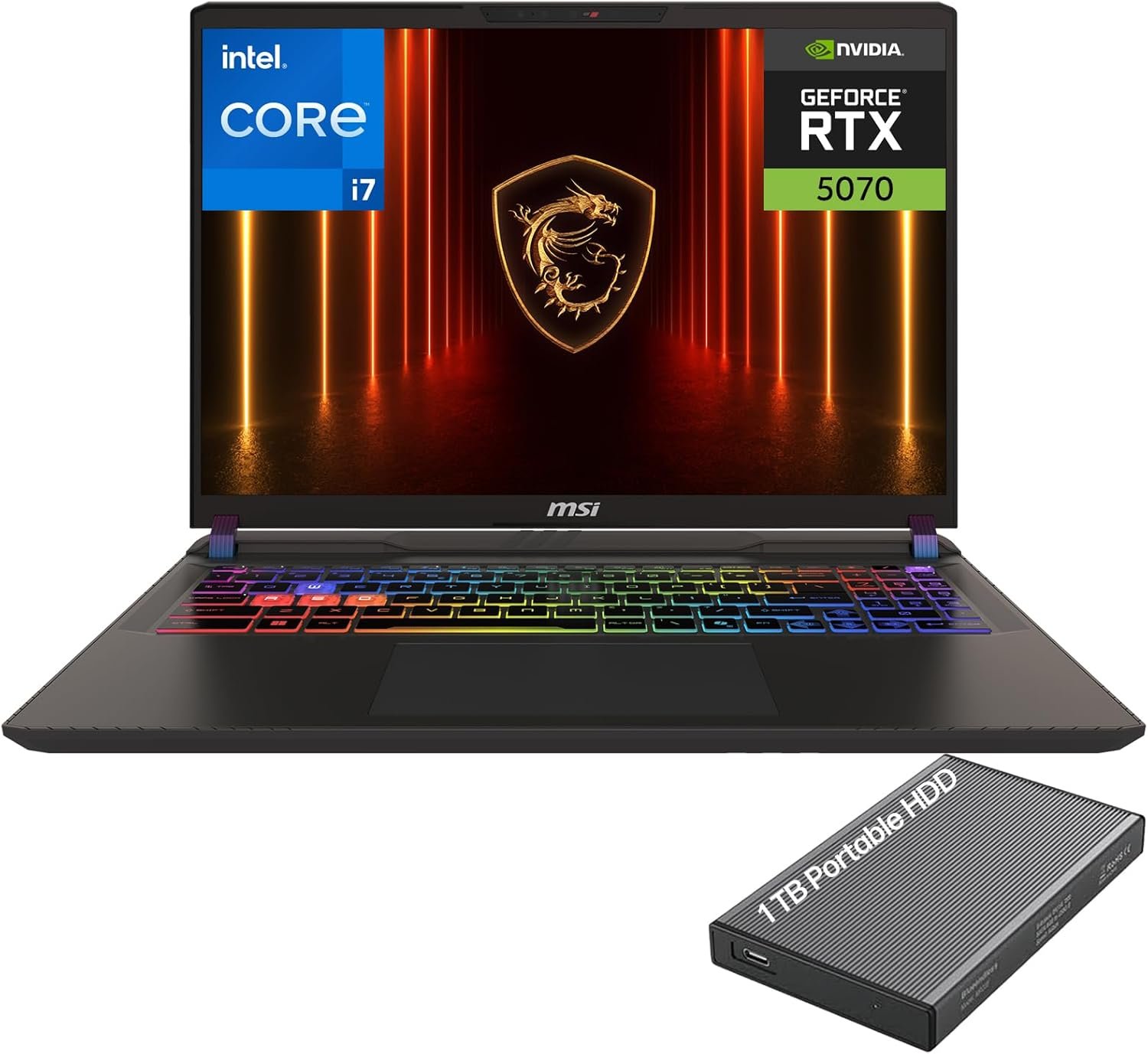 msi Katana 15 HX Gaming Laptop, 15.6” QHD 165Hz Display, Intel Core i7-14650HX, NVIDIA Geforce RTX 5070, 16GB DDR5 RAM, 1TB SSD, Wi-Fi 6E, RGB Backlit, Cooler Boost 5, Win 11 Home, w/1TB Portable HDD