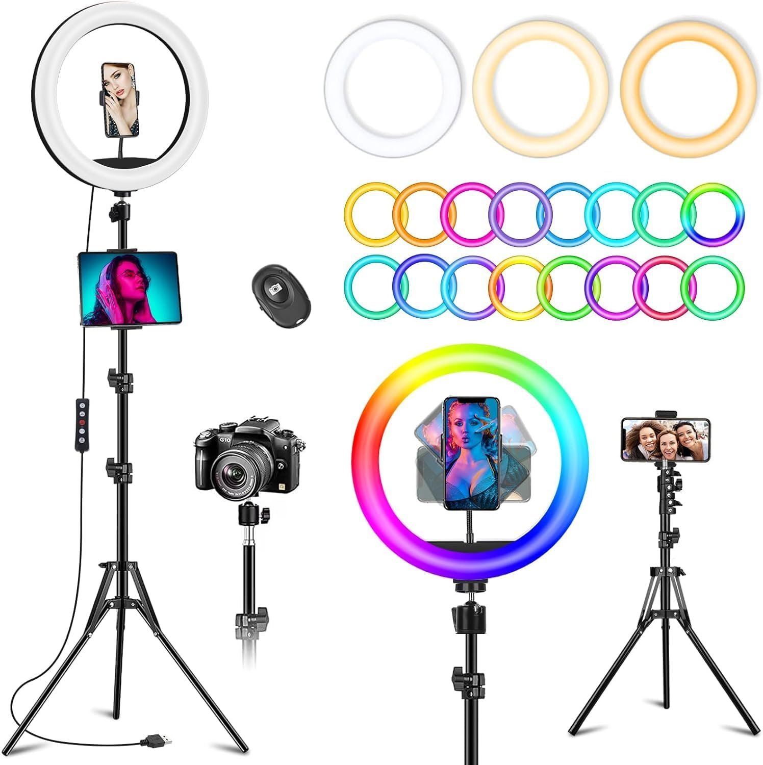 10.3″ Ring Light with Tripod and Phone iPad Holder,Selfie Ring Light with 51 Color Mode,Circle Lighting for iPhone,Dimmable LED Phone Ringlight with Stand for Makeup/Video Recording/Photography/TikTok