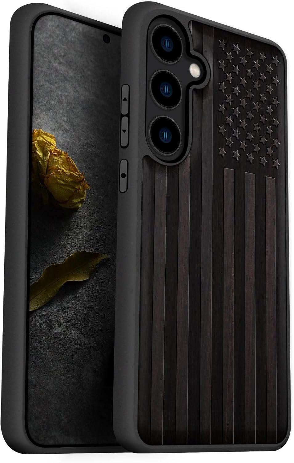 Carveit Wood Case for Galaxy S24 – Natural Wood & Black Soft TPU, Shockproof Protective Cover, Unique Wooden Design Compatible with Samsung S24 (American Flag-Blackwood)