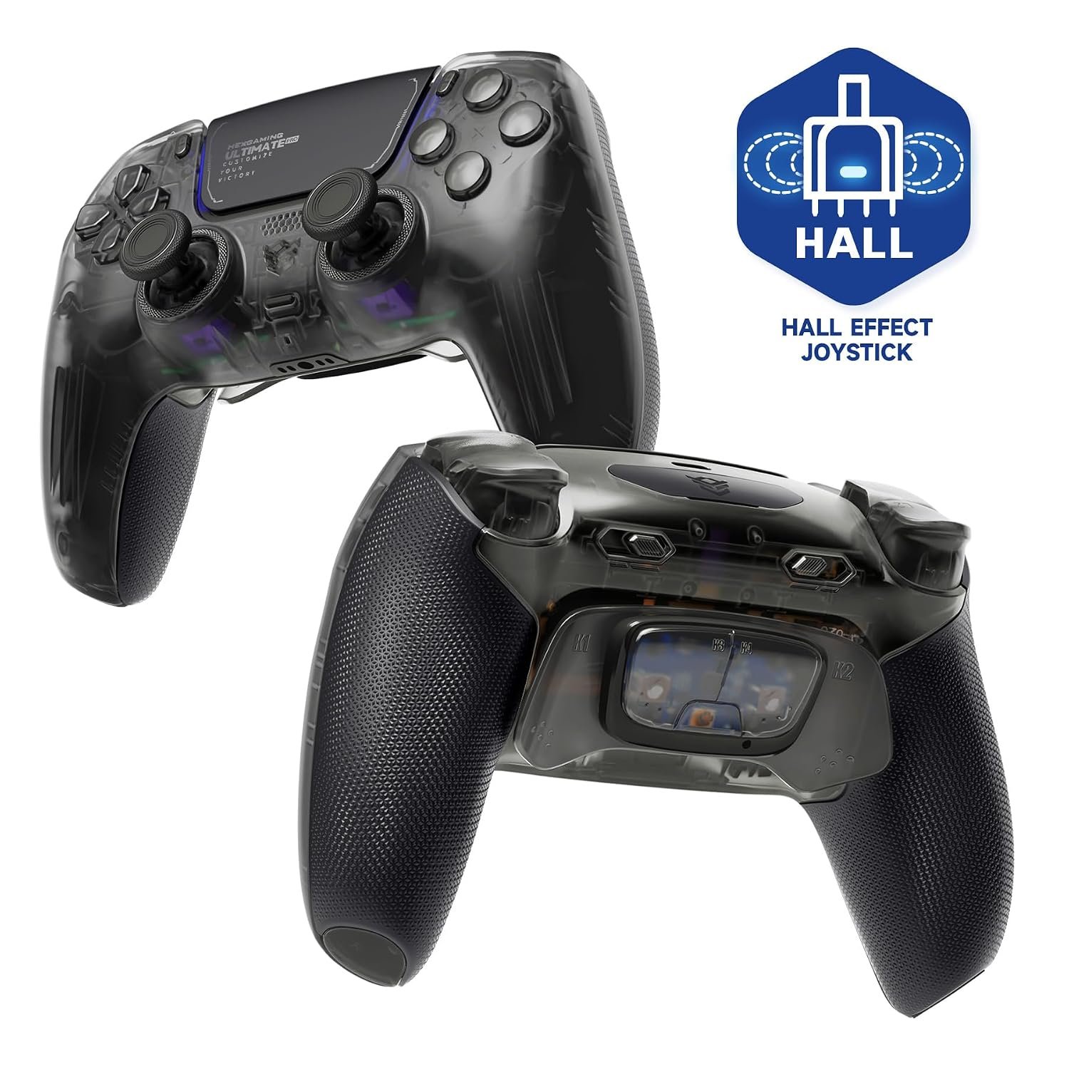 HEXGAMING ULTIMATE PRO Gaming Controller Compatible with ps5/PC/Mobile – 4 Back Buttons, 6 Custom Profiles, Adjustable Triggers, 8 Swappable Thumbsticks – Hall Effect Explorer Black