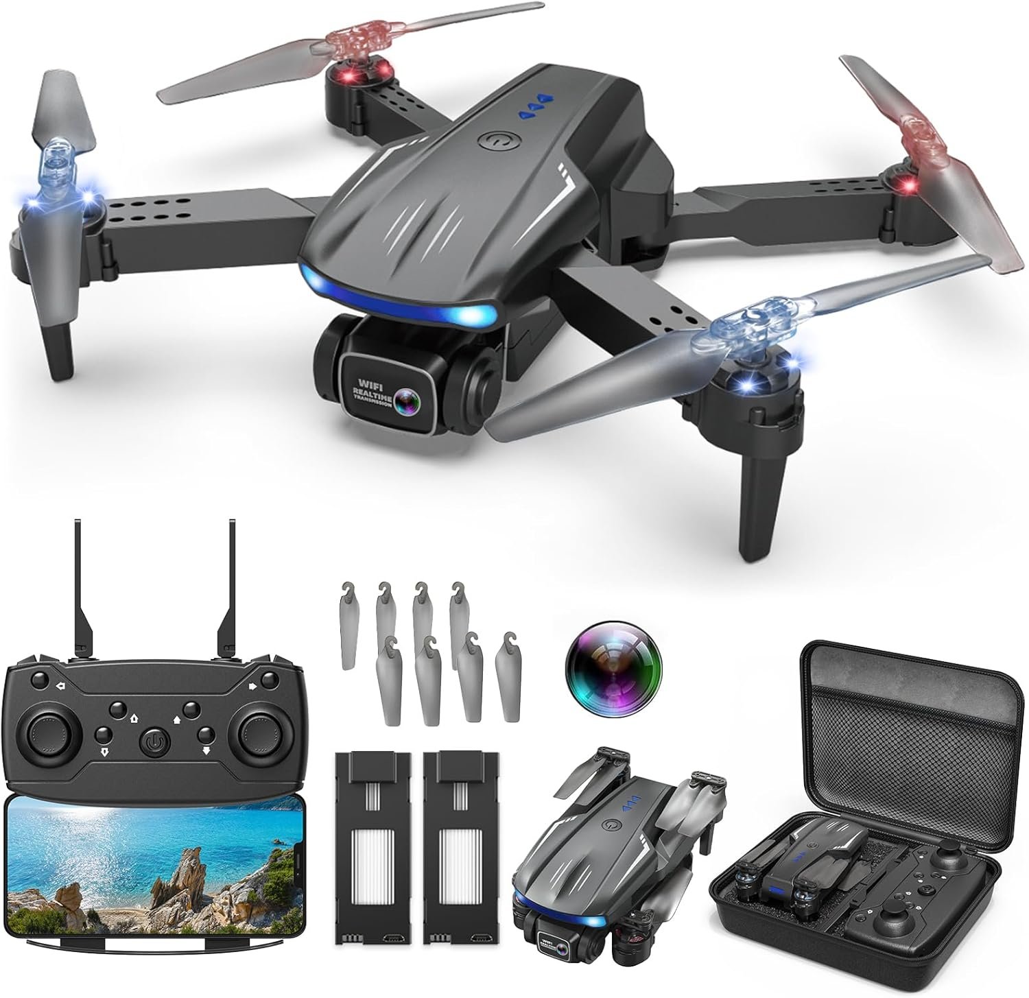 X-shop Drone with 1080P Camera for Kids Adults, Foldable RC Quadcopter with One Key Take Off/Land, Gesture Selfie, 3D Flip, 2 Batteries, Carrying Case, Toy Gift for Beginners