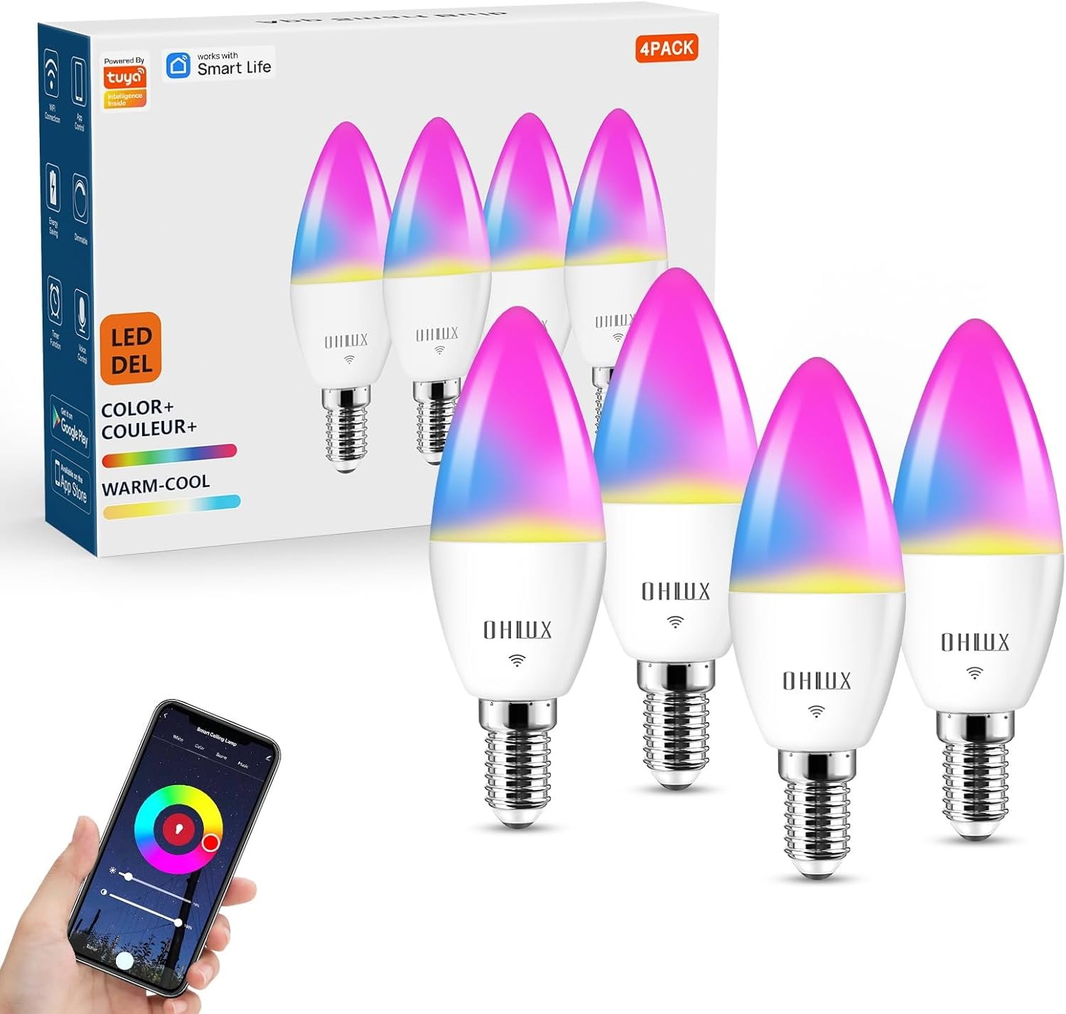 OHLUX Smart Candelabra LED Light Bulbs, 3.5W E12 Base, Compatible with Alexa Google Assistant, Color Changing Bulbs with 16 Million Colors, 2.4GHz WiFi, 4 Pack