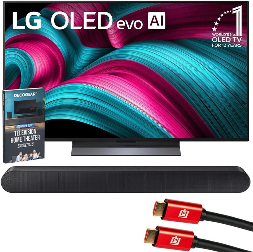 LG 48 Inch C5 Series OLED evo 4K UHD Smart webOS TV (2025) OLED48C5PUA Bundle with Samsung 3.0ch All-in-One Soundbar, 2X HDMI Cable and Deco Gear Home Theater Beginner’s Guide