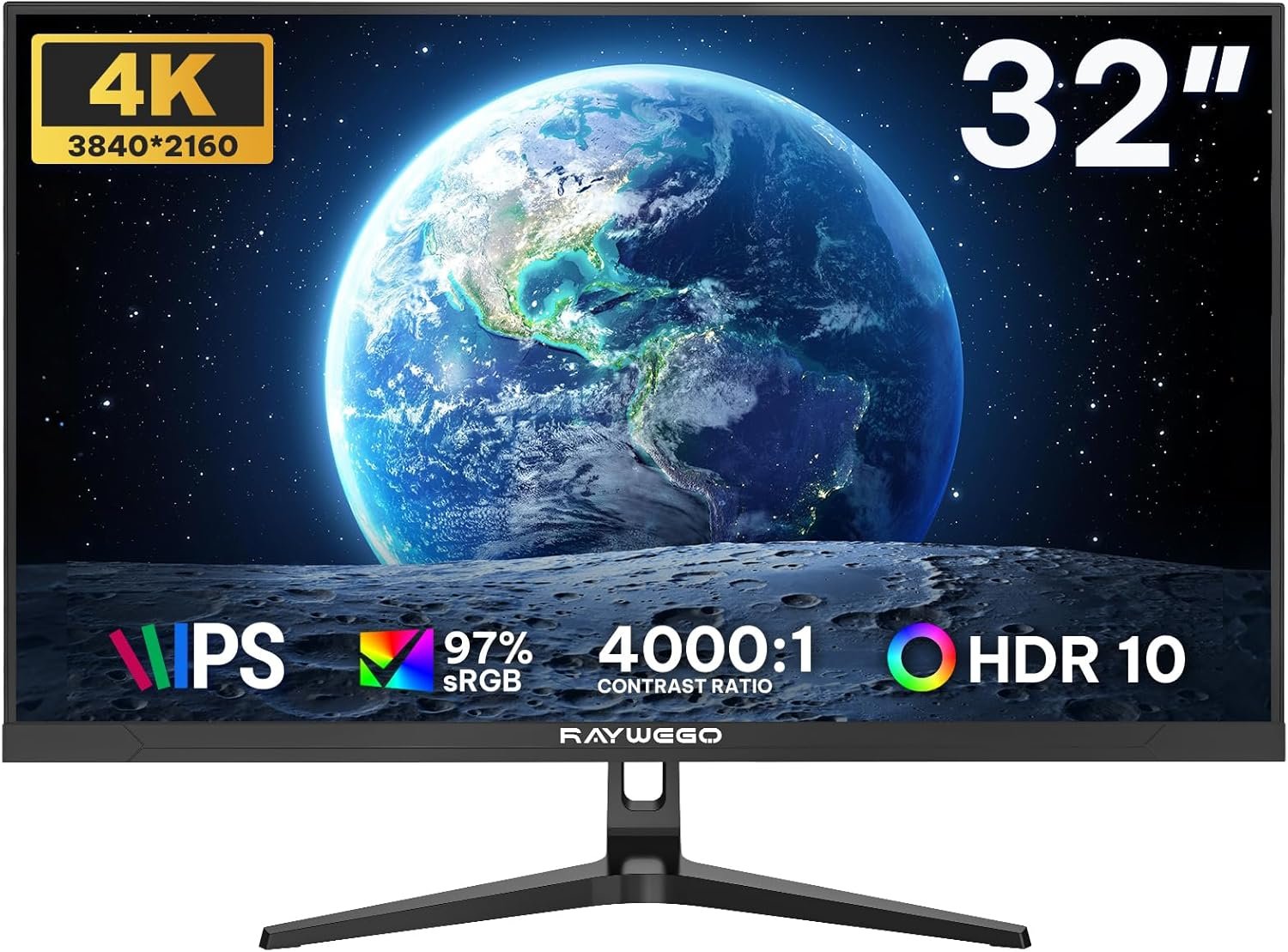 Raywego 32-Inch 4K Gaming Computer Monitor 60Hz UHD 3840×2160, 99% sRGB, HDR10, FreeSync, Low Input Lag, Billions of Colors, Frameless Design, HDMI/DP VESA Eye-Care for Gaming Graphic Design