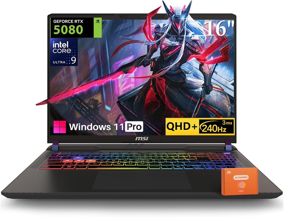 MSI Vector 16 HX AI Gaming Laptop, Intel Ultra 9 275HX(Up to 5.4GHz), NVIDIA RTX 5080 16GB GDDR7, 16″ QHD+ 240Hz, Wi-Fi 7, 32 GB DDR5, 2 TB SSD, RGB Backlit Keyboard, Windows 11 Pro, w/Accessories