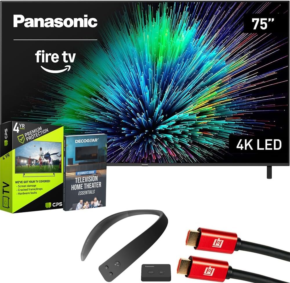 Panasonic TV-75W70BP W70 Series 75 inch LED 4K Ultra HD Smart Fire TV Bundle with WN10 Neck Speaker, 4 YR CPS Enhanced Protection, 2X HDMI Cable & Deco Gear Complete Home Theater Beginner’s Guidebook