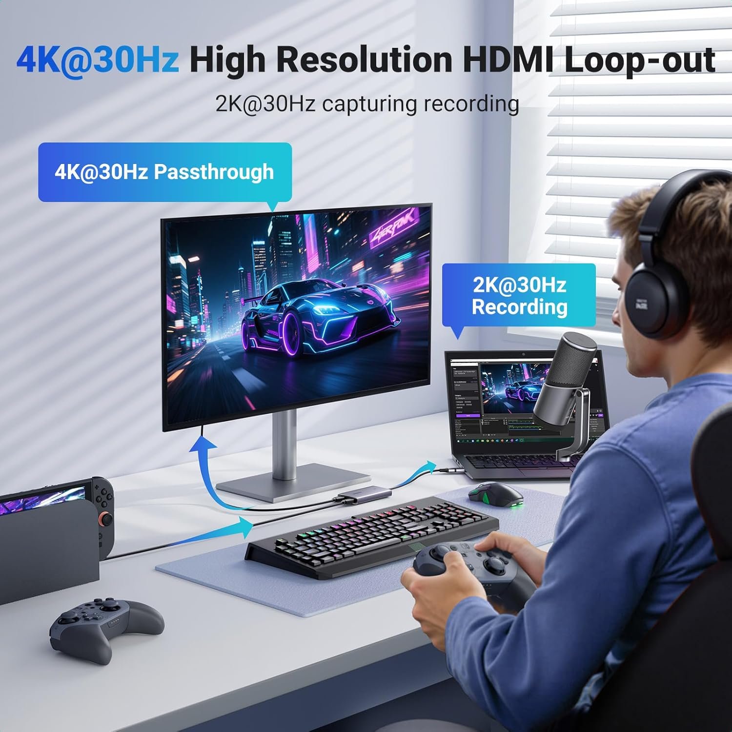 UGREEN 4K@30Hz HDMI Capture Card, Full HD 2K 30FPS, 1080P 60FPS, HDMI to USB 3.0 HDMI Loop Out Video Capture Card with Low Latency for Streaming Gaming, Compatible with Switch 2/PS5/Xbox/PC/Mac