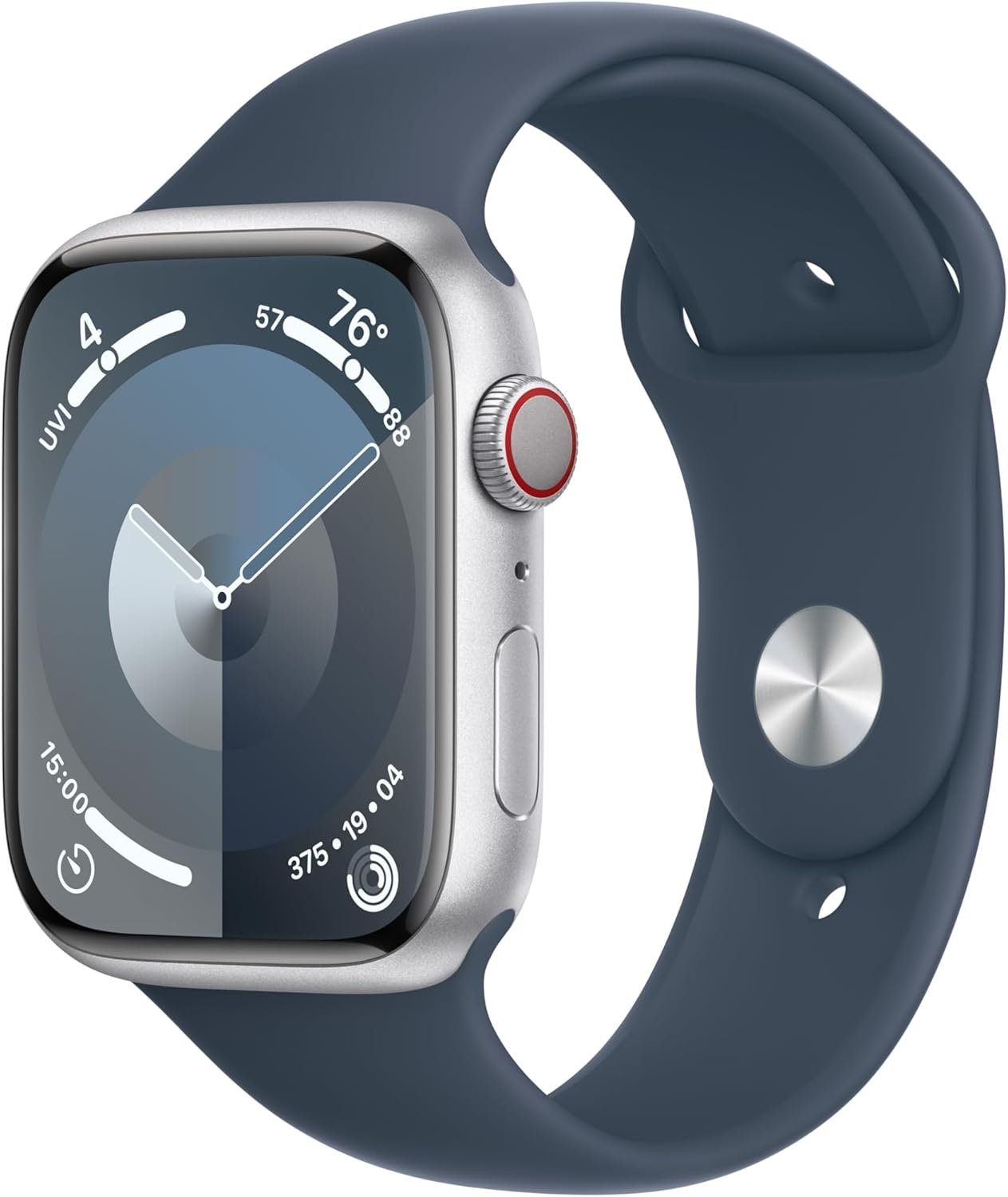 Apple Watch Series 9 [GPS + Cellular, 45mm] – Aluminum Silver Case with Storm Blue Sport Band, M/L