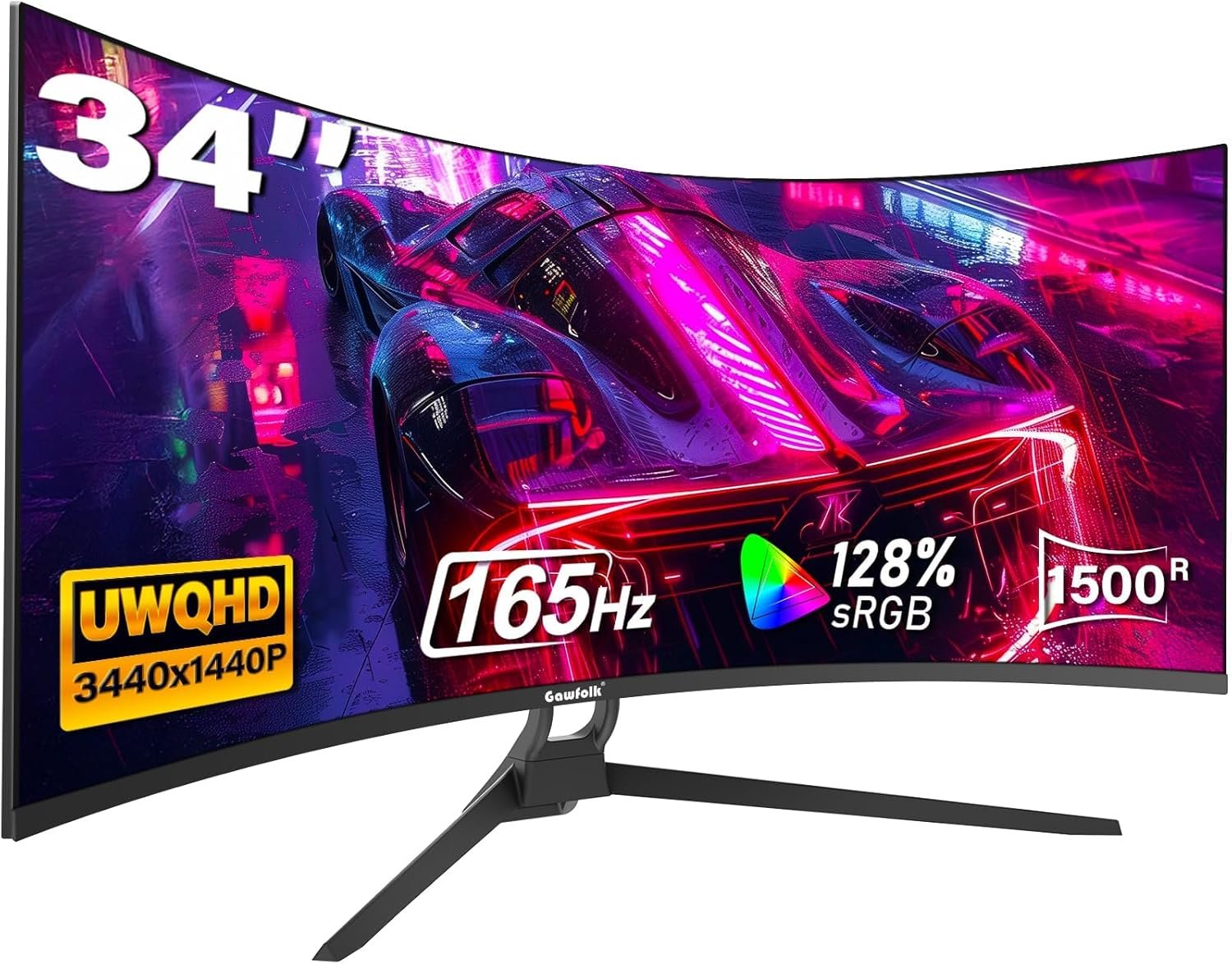 Gawfolk 34 Inch Ultrawide Curved Gaming Monitor, 21:9 UWQHD 3440×1440 165Hz Curved 1500R Computer Monitor PIP/PBP,1ms(MPRT) 128% sRGB,HDMI & DP,Tilt Adjustable,Panoramic for Office & Immersive Gaming