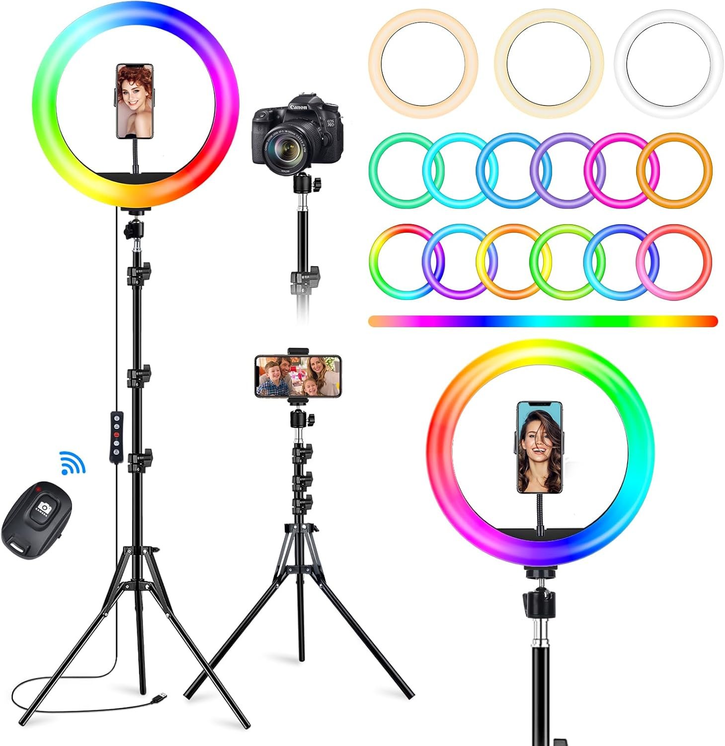 STALLY 10.2″ Ring Light with Stand, 75″ Tall Ring Light with Phone Holder and Wireless Remote, 12 Dimming Levels, 32 Color Modes Selfie Light Tripod for iPhone, Live Stream, Makeup, YouTube, TikTok