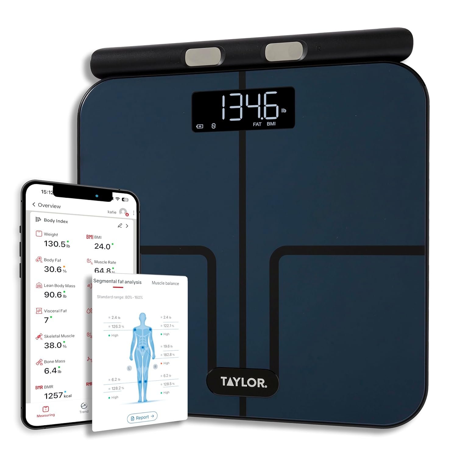 Taylor Smart Total Body Composition Scale with Precision Hub App, Retractable Handle, 11.8″ x 11.8″ Glass Platform, Vanishing 0.9″ LED Display, 440 lb Capacity, 8 Contact Points, Black