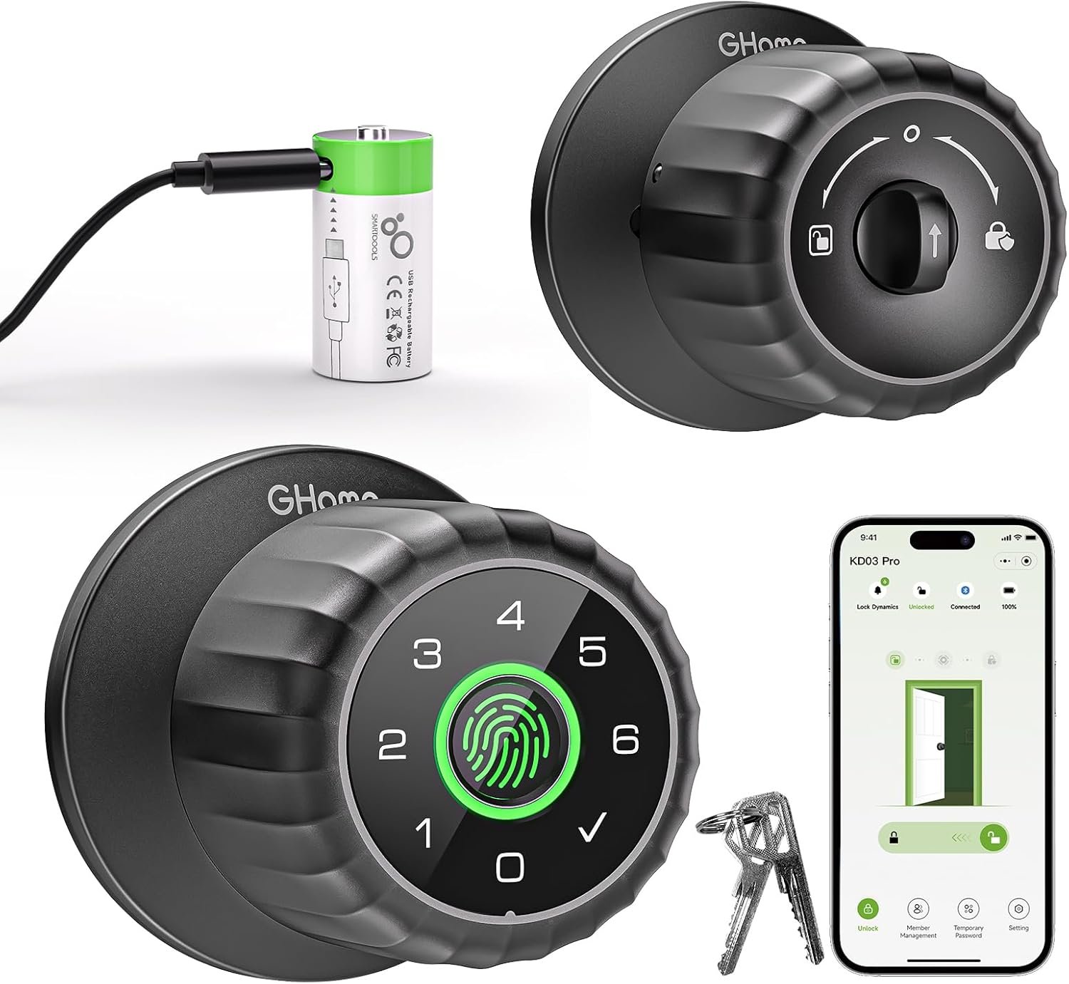 Fingerprint Door Lock, 4-in-1 GHome Smart Lock for Bedroom, Home, Appartment & Office, Smart Keyless Entry Door Lock with Code, App Control & Keys, Easy to Install Black Interior Door Knob with Lock