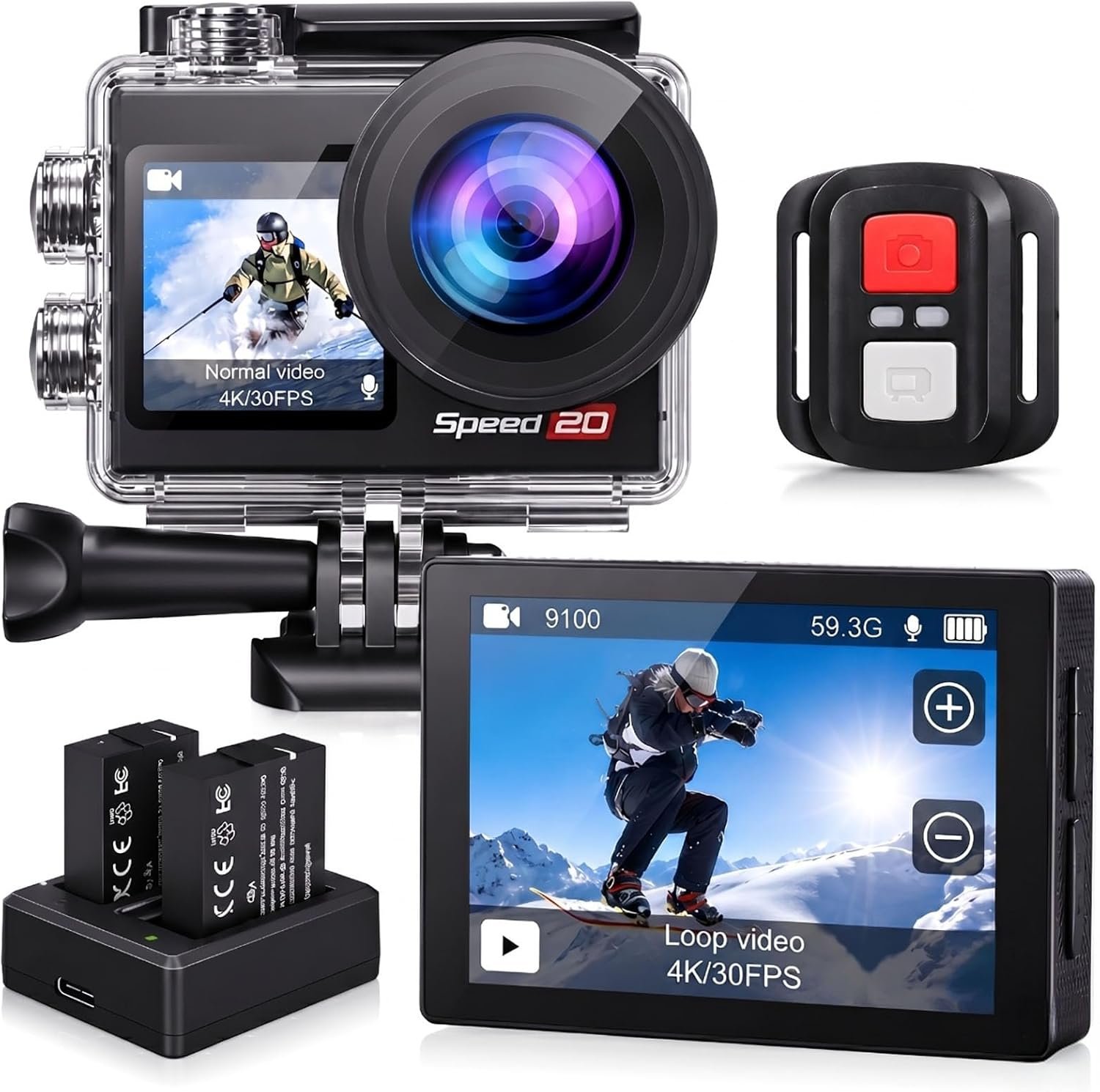 Action Camera 4K Waterproof Camera 20MP with Touch Screen Underwater Camera 131FT with EIS for Snorkeling Helmet Bike 170° Wide Angle Remote WiFi 5XZoom