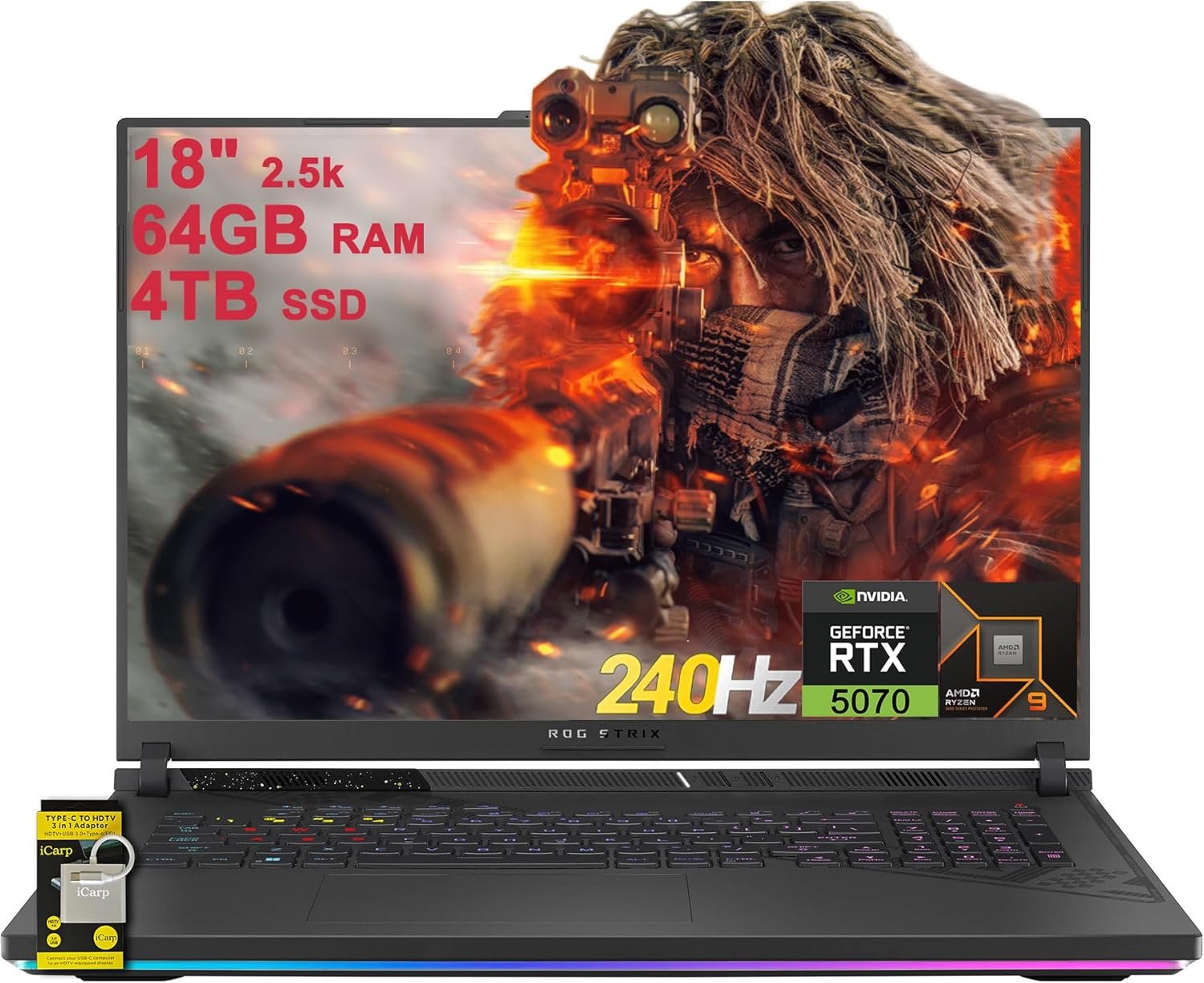 ASUS ROG Strix G18 G814 Gaming Laptop 18″ 2.5k (2560×1600) 240Hz (100% DCI-P3, 3ms) AMD 16-core Ryzen 9 9955HX (>i9-14900HX) 64GB DDR5 4TB SSD GeForce RTX 5070 RGB Backlit WiFi6E Win11 ICP Hub