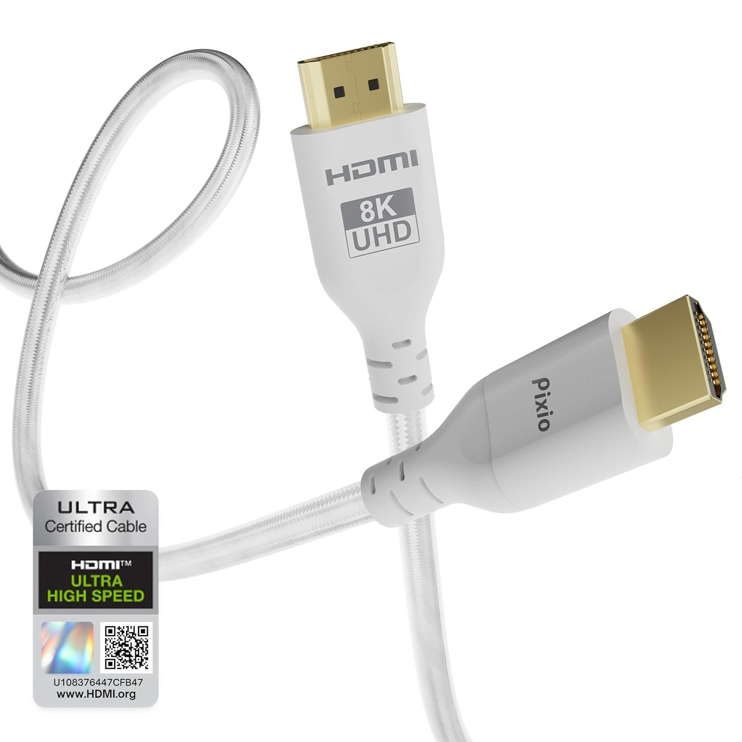 Pixio White 8K HDMI 2.1 Cable Ultra Certified Ultra High Speed 6FT 8K 60Hz 4K 120Hz Nylon Braided, Gold Plated Connector, Anti-Breakage, HDR10+, dtsx, eARC, HDCP, Dolby Compatible