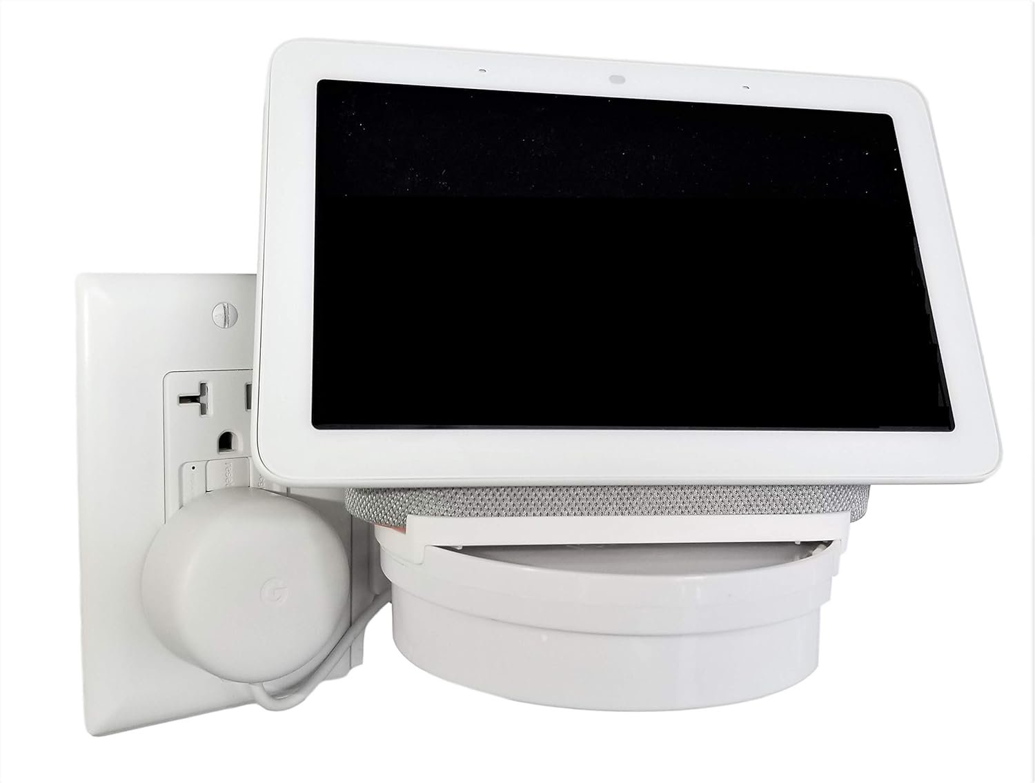 The Google Home Nest Hub [Gen 1 and Gen 2] Mount for Electrical Outlets. Full Swivel. Installs in Seconds. Hidden Cord Storage. Award Winning Design. Works on All Vertical Outlets.