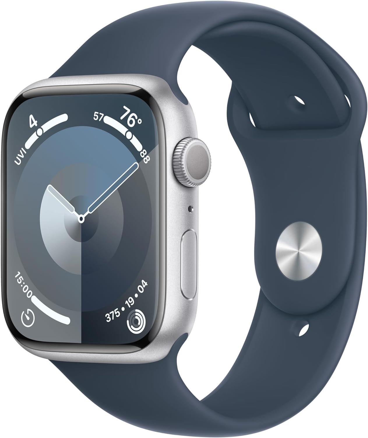 Apple Watch Series 9 [GPS 45mm] Silver Aluminum Case with Storm Blue Sport Band S/M (Renewed)