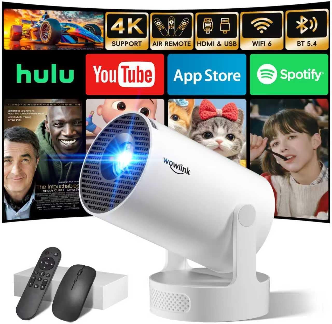 [Built-in Apps & 2026 Upgraded] Mini Projector with WiFi 6 and Bluetooth 5.4 Support 4K 1080P Auto Keystone 180° Rotatable Projector Portable Compatibile with HDMI/TV Stick/Memory Stick/Laptop, White