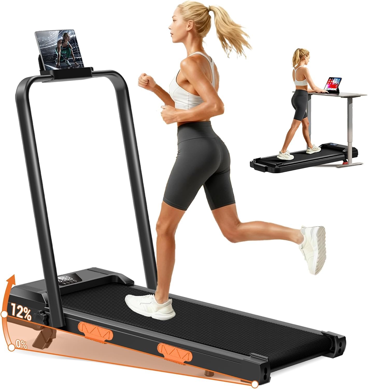 CURSOR FITNESS 3-in-1 Walking Pad Treadmill with 12% Incline 2.5HP Foldable Treadmills for Home with Handle Compact Small Quiet Under Desk Walking Treadmill 300LBS with Romote Control