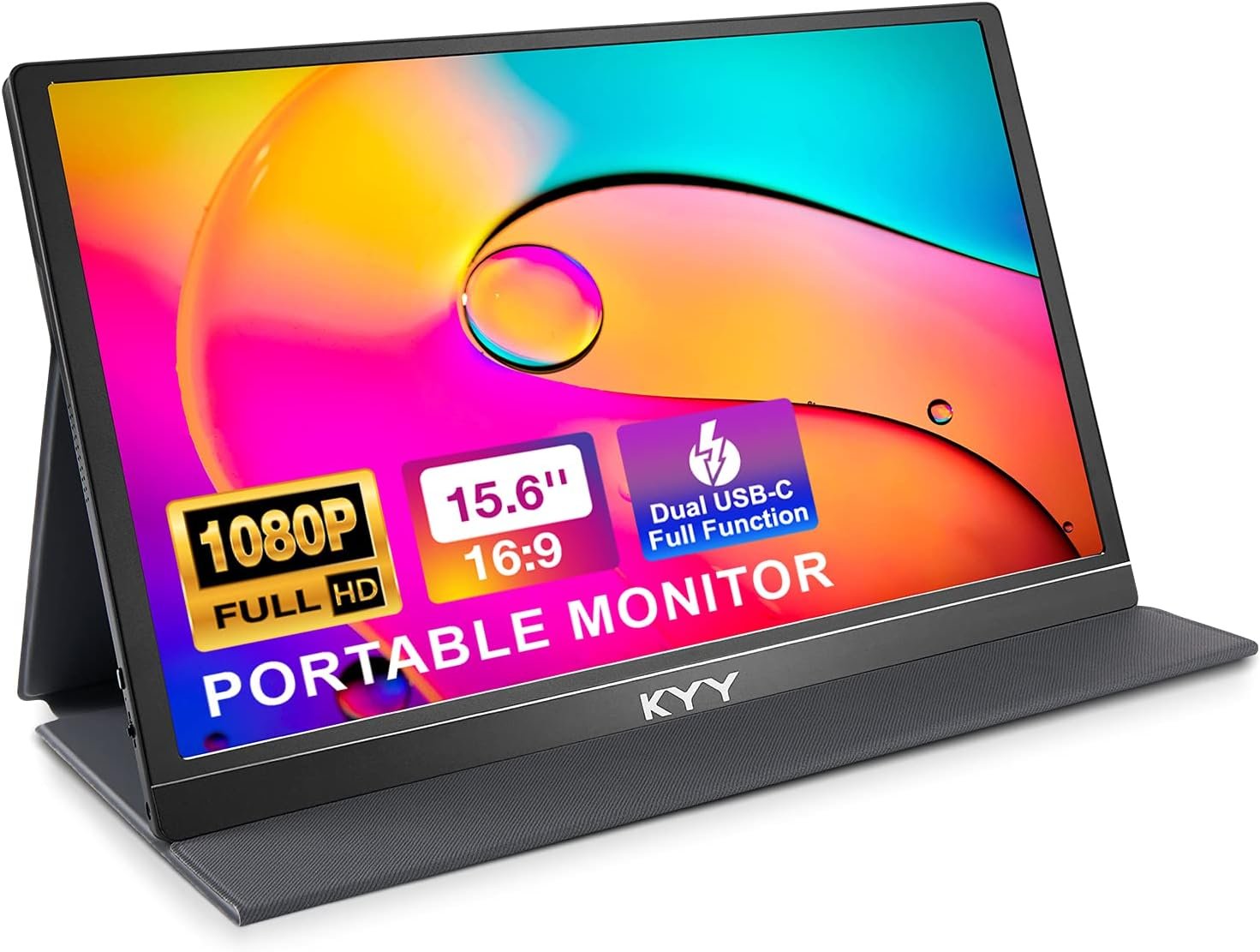 KYY Portable Monitor 15.6” 1080P FHD USB-C Laptop Monitors w/Smart Cover & Dual Speaker, HDMI Computer Display IPS HDR External Gaming Monitor for PC Phone Mac Xbox PS4 Switch[Upgraded]