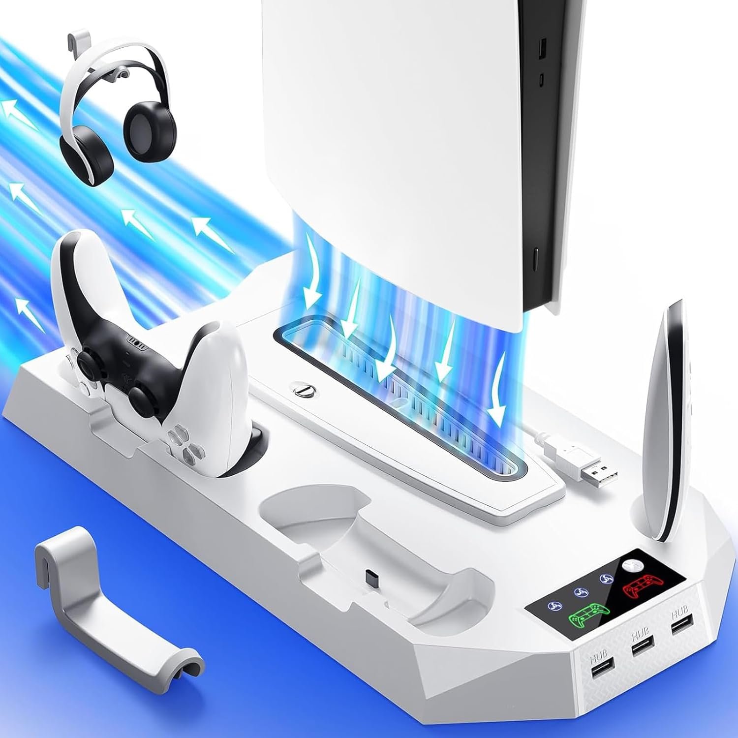 PS5/Slim/Pro Cooling Station for PS5 Disc & Digital Console, PS5 Stand Cooling Fan Charging Station with 3 Level Fan, LED Controller Charger, PS5/Slim/Pro Accessories with 3 USB Hubs & Headset Holder