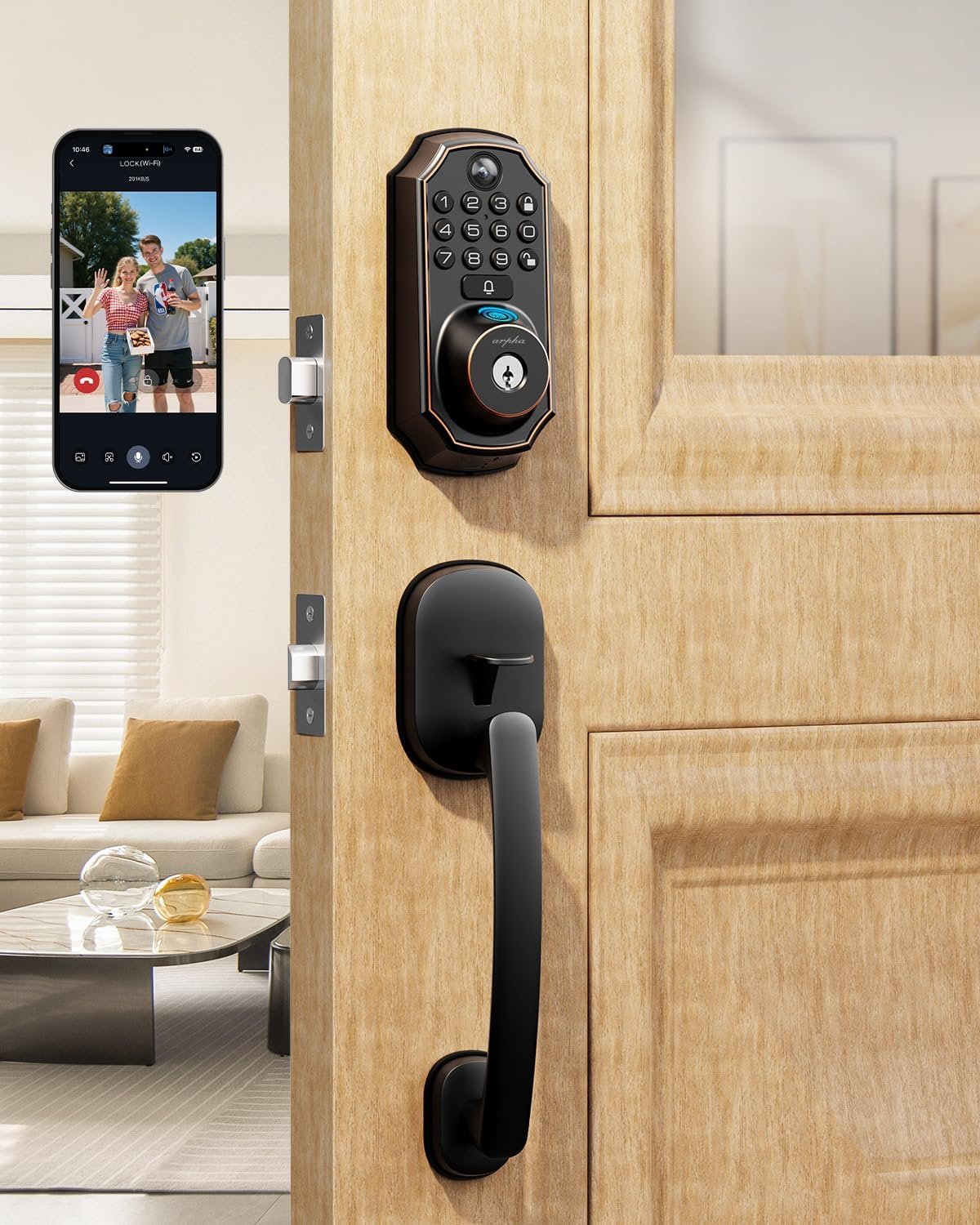 ARPHA Keyless Entry Deadbolt with Handle Set – WiFi Smart Lock with Camera, 5-in-1 Camera+Doorbell+Fingerprint+Keypad, App Control, Auto Lock, Easy Install, Waterproof for Front Door（Black）