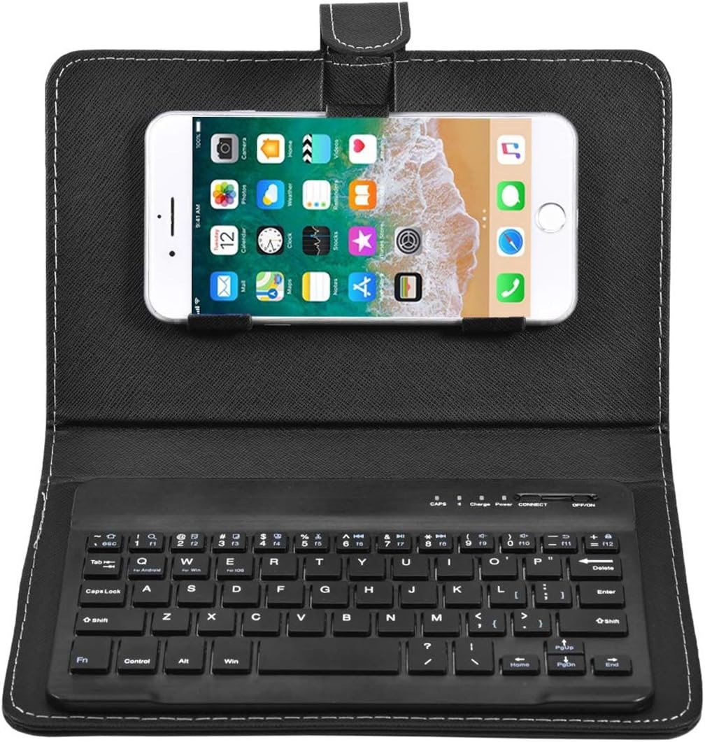 Portable Bluetooth Keyboard with Leather Case Cover with for 4.5”-6.8” iOS, Android and Windows Smart Phones, Detachable with Kickstand