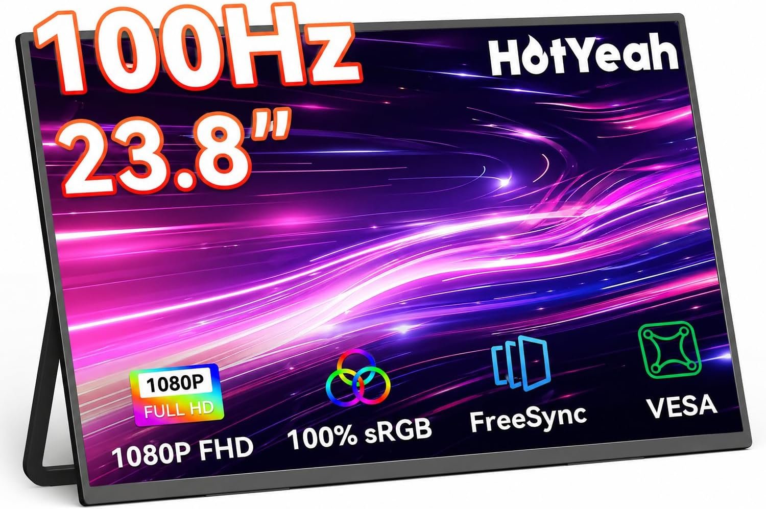 HotYeah 23.8″ 100Hz Portable Monitor, 1080P FHD 100% sRGB IPS USB-C HDMI Large External Monitor, Home Gaming 2nd Screen w/180° Adjustable Kickstand for MacBook, Laptop, PC, Phone, Tablet, Switch, PS5