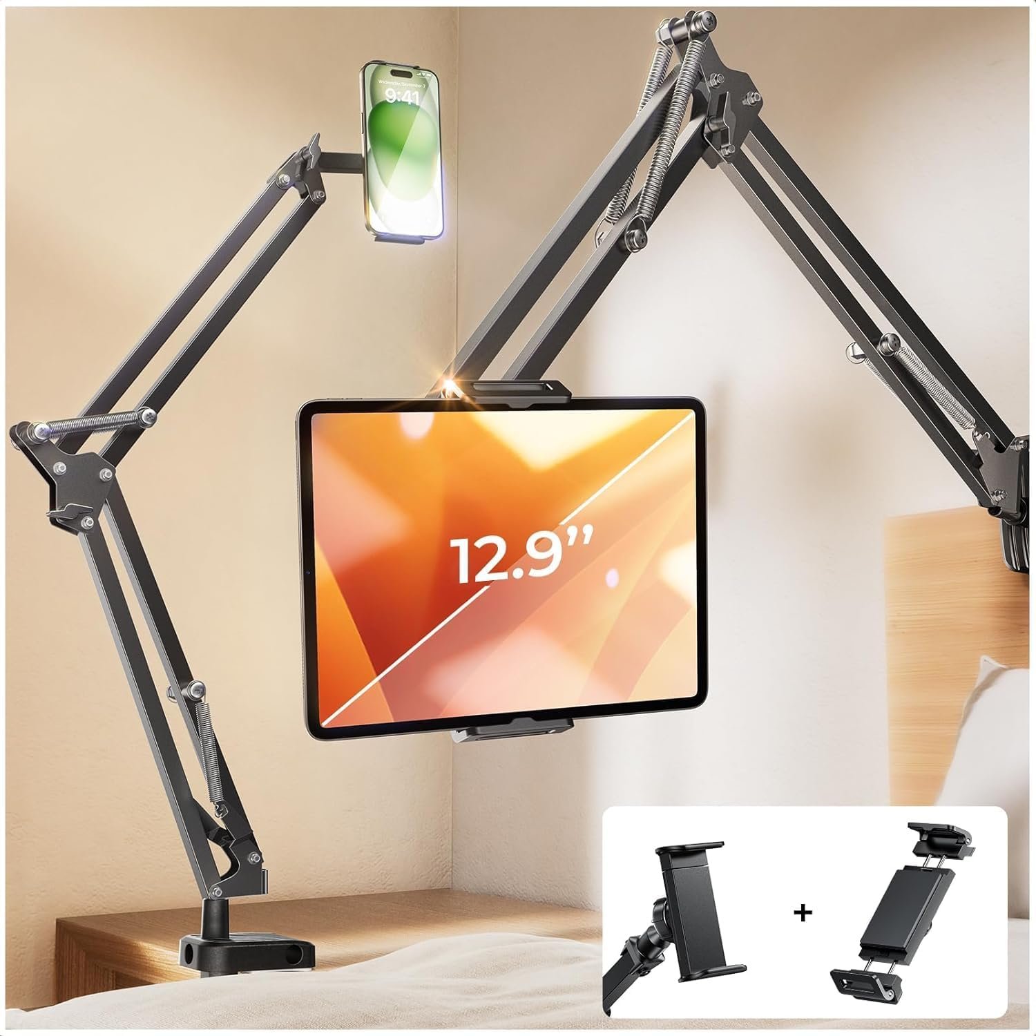 LISEN Tablet Stand iPad Stand for Desk Mount [Ultra Sturdy 2 Clamps] iPad Holder for Tablet Holder Mount Desk Accessories for Men fits iPad Air, iPad 12, iPhone 17e, 4-13″ Device (Black)