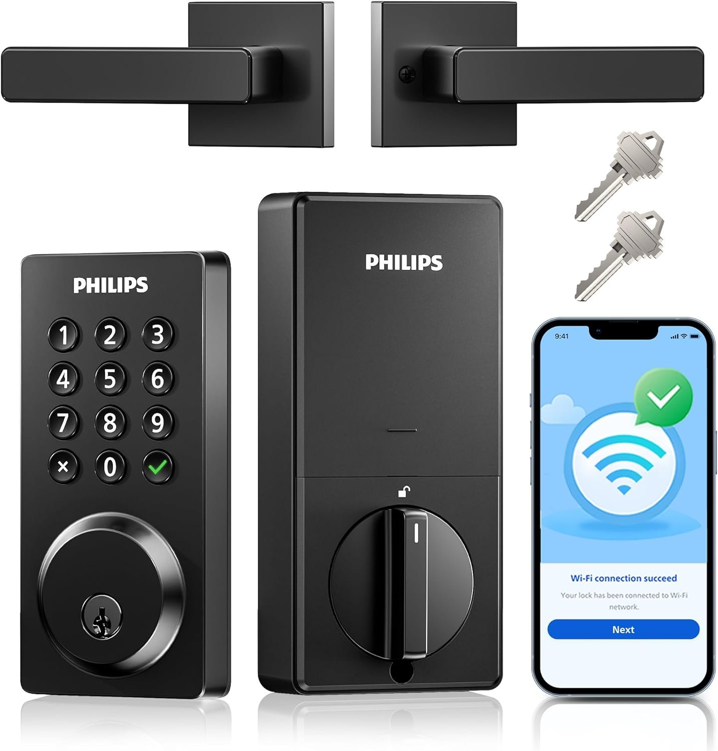 Philips WiFi Smart Door Lock with Handle, Built-in WiFi App Remote Control, Keyless Entry Door Locks for Front Door, Smart Deadbolt Auto Lock, Support Alexa & Google, IP54 Waterproof, Matte Black