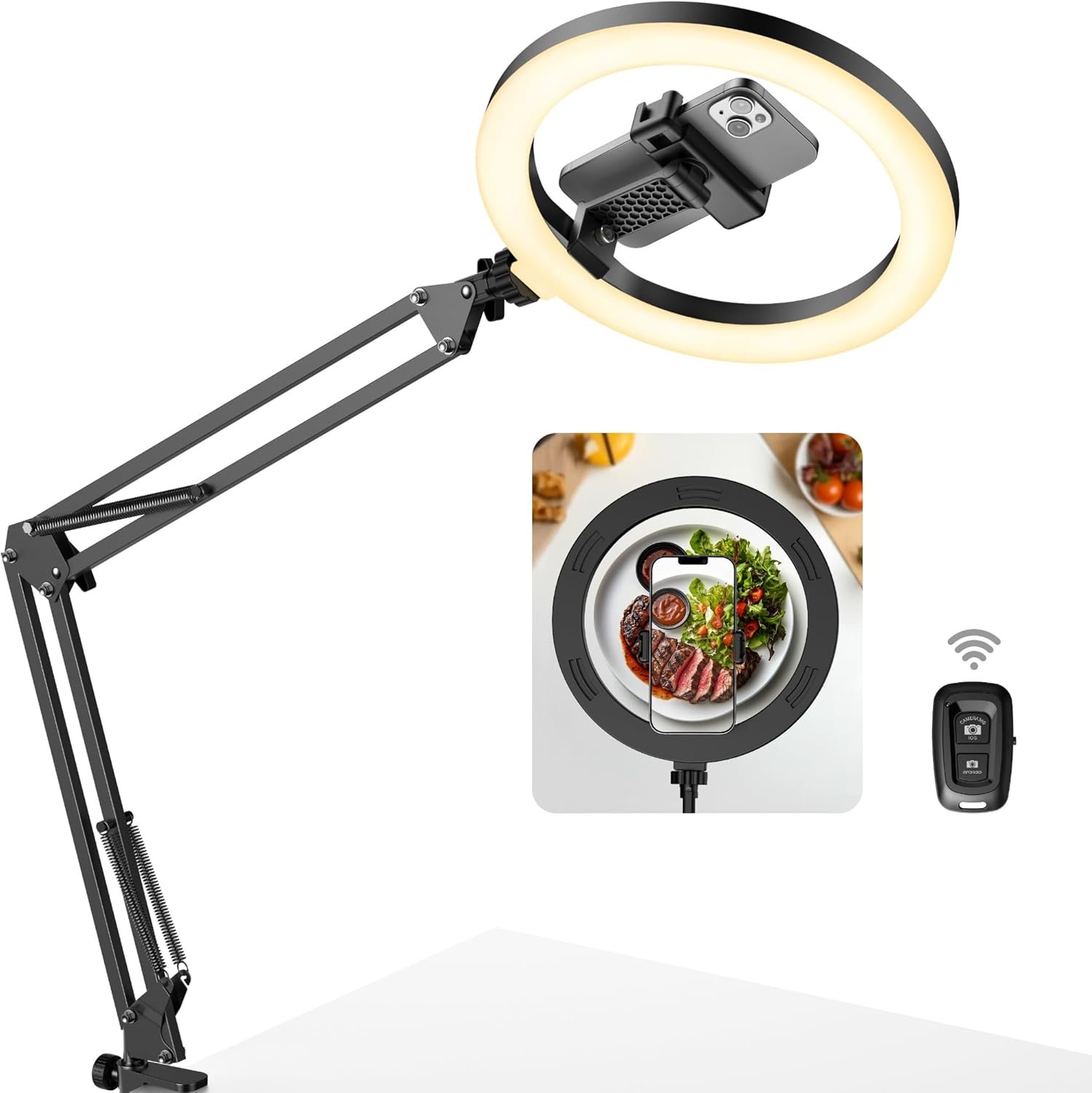InnoGear Overhead Phone Mount with Ring Light, 10″ LED Selfie Ring Light for Desk with Phone Holder and Remote Canvas Lamp Light for YouTube Live Stream Cooking Video Recording Vlog Zoom, Medium
