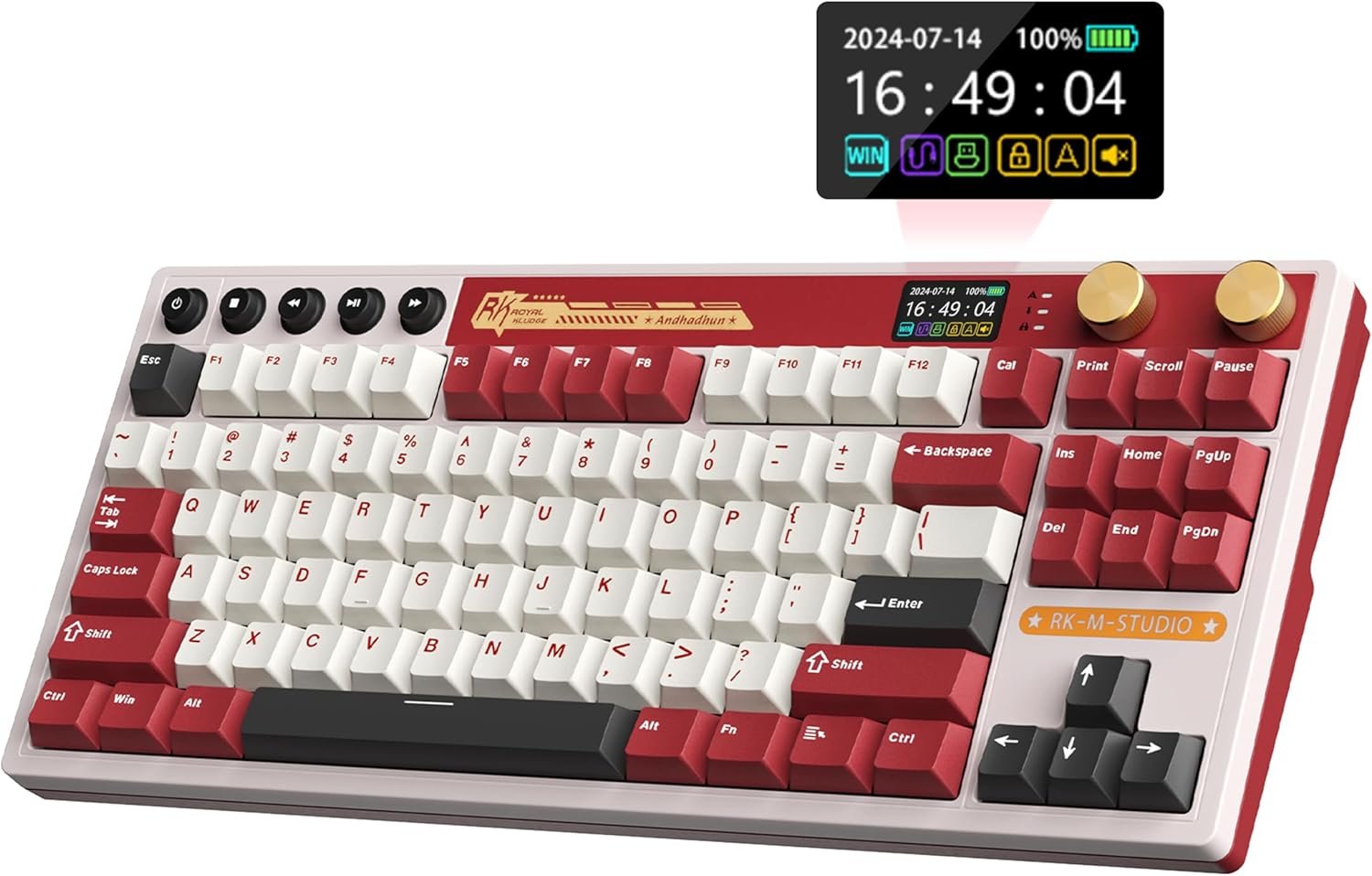 RK ROYAL KLUDGE M87 Wireless Gaming Keyboard with Screen and Dual Knob, 75% Percent 2.4Ghz/Bluetooth/USB-C Mechanical Keyboard with Gasket Structure, RGB Backlit Hot Swappable Cream Switch, Red